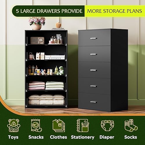 Miniatura 5 de WLIVE - Cómoda alta para dormitorio, cómoda de madera con cajones con tiradores metálicos, cómoda de dormitorio negra con 5 cajones, organizador