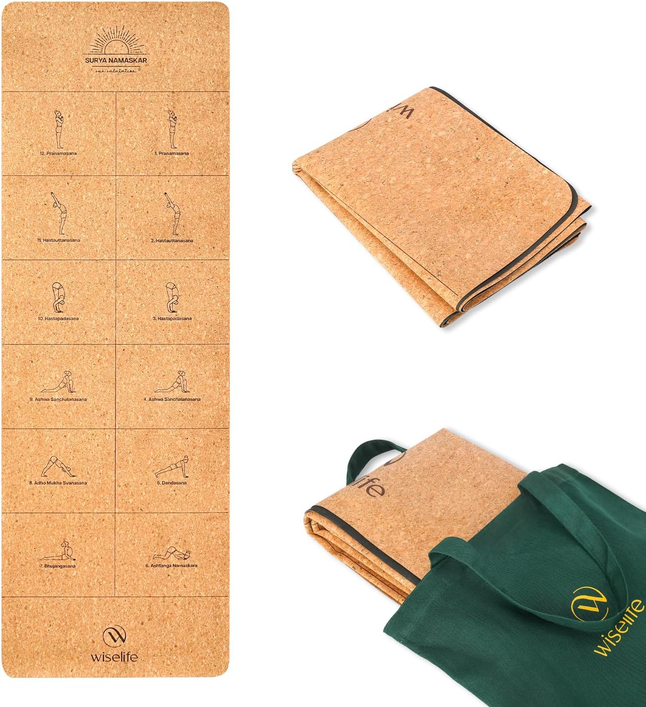 - Cork Foldable Yoga Mat + Carry Bag | Extra Thick Extra Long Extra Wide Exercise Floor Mat For Gym, Workout, Fitness| TPE Yoga Mat (1Mm, Cork Sun Salutation)