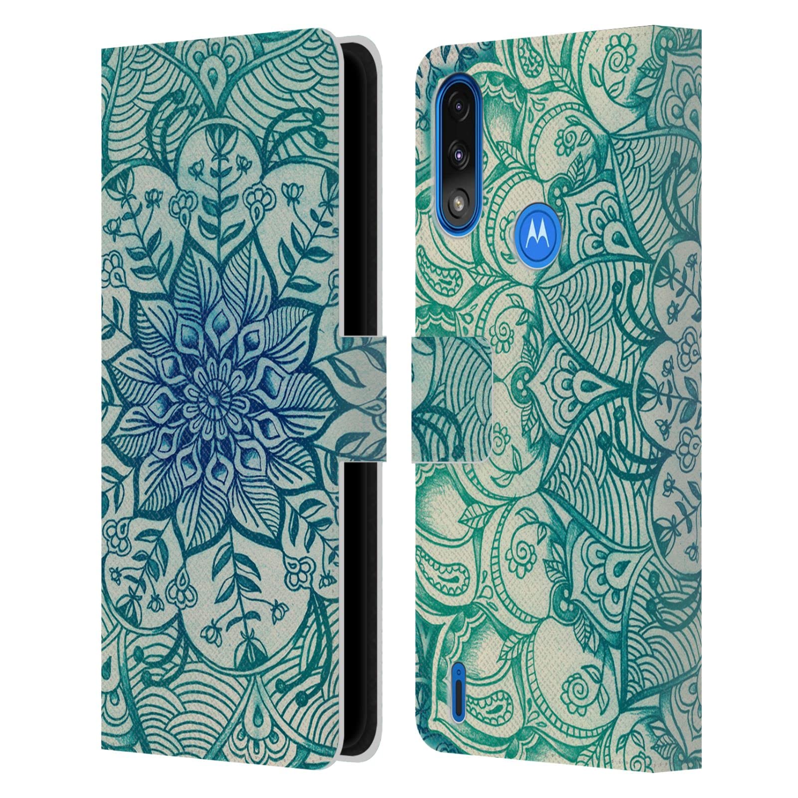 Head Case DesignsOfficially Licensed Micklyn Le Feuvre Emerald Doodle Mandala 3 Leather Book Wallet Case Cover Compatible With Moto E7 Power/Moto E7i Power