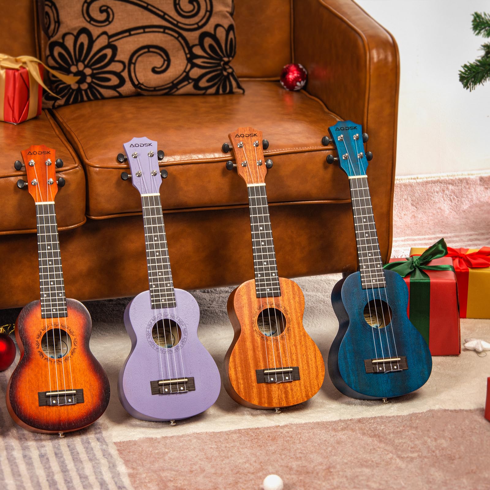 AODSK Ukelele para principiantes, kit de iniciación con correa de bolsa de concierto gratis, cuatro cuerdas, ukelele soprano acústico profesional de madera hawaiano para niños, estudiantes, kit de