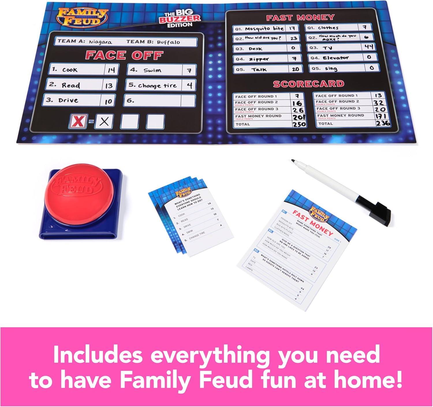 Spin Master Games, Family Feud: Big Buzzer Edition, Play The Feud at Home with Included Electronic Buzzer for Family Game Night & Trivia Cards, for Kids & Family, 3-10 Players, for Ages 8 & Up