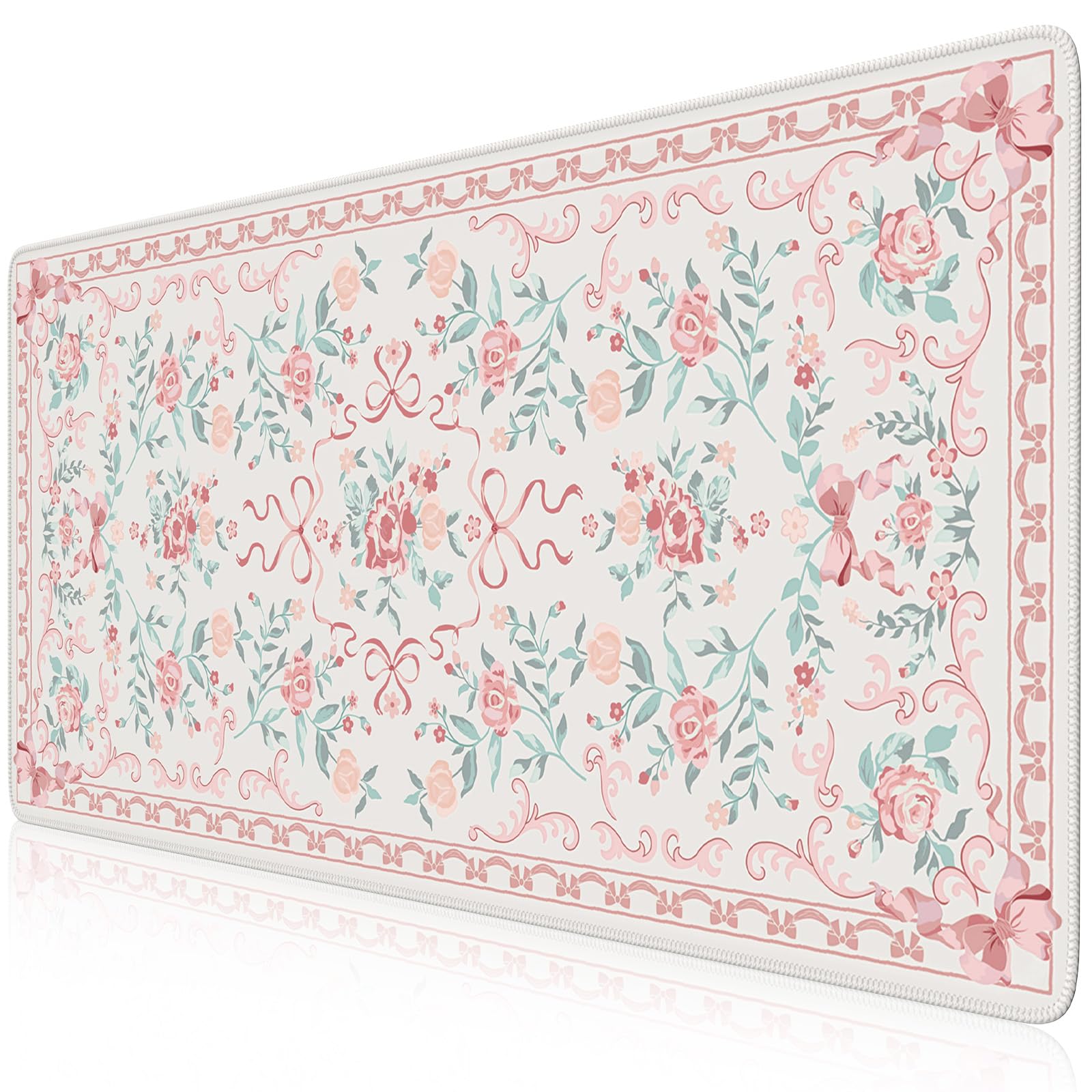 iCasso Pink Desk Mat for Desktop,Cute Desk Pad for Women,Girly Bow Mouse Pad with Stitched Edges,Non-Slip Large Computer Mat for Home Office Study