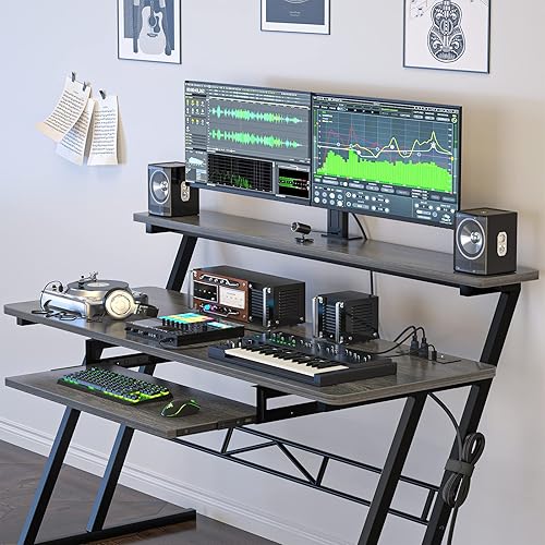 Vista 6 de Armocity Music Studio Desk Production Workstation - Recording Studio Desk for Producer with Power Outlet, Studio Workstation for Music Recording