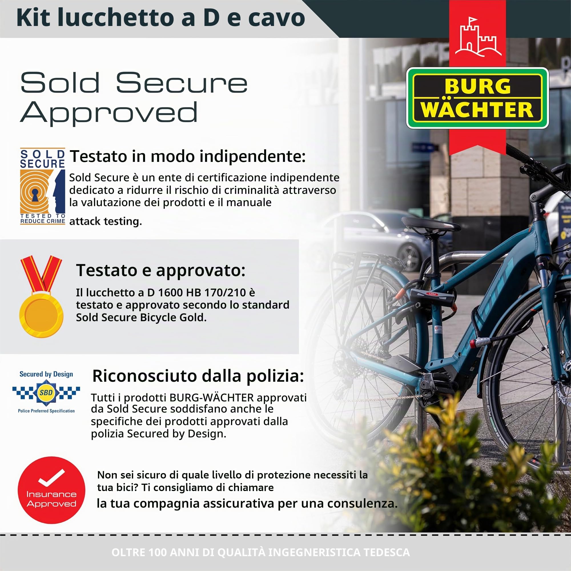 Burg-Wächter Lucchetto a D per bicicletta Gold Sold Secure e cavo di sicurezza da 1,2 m, taglia unica, nero