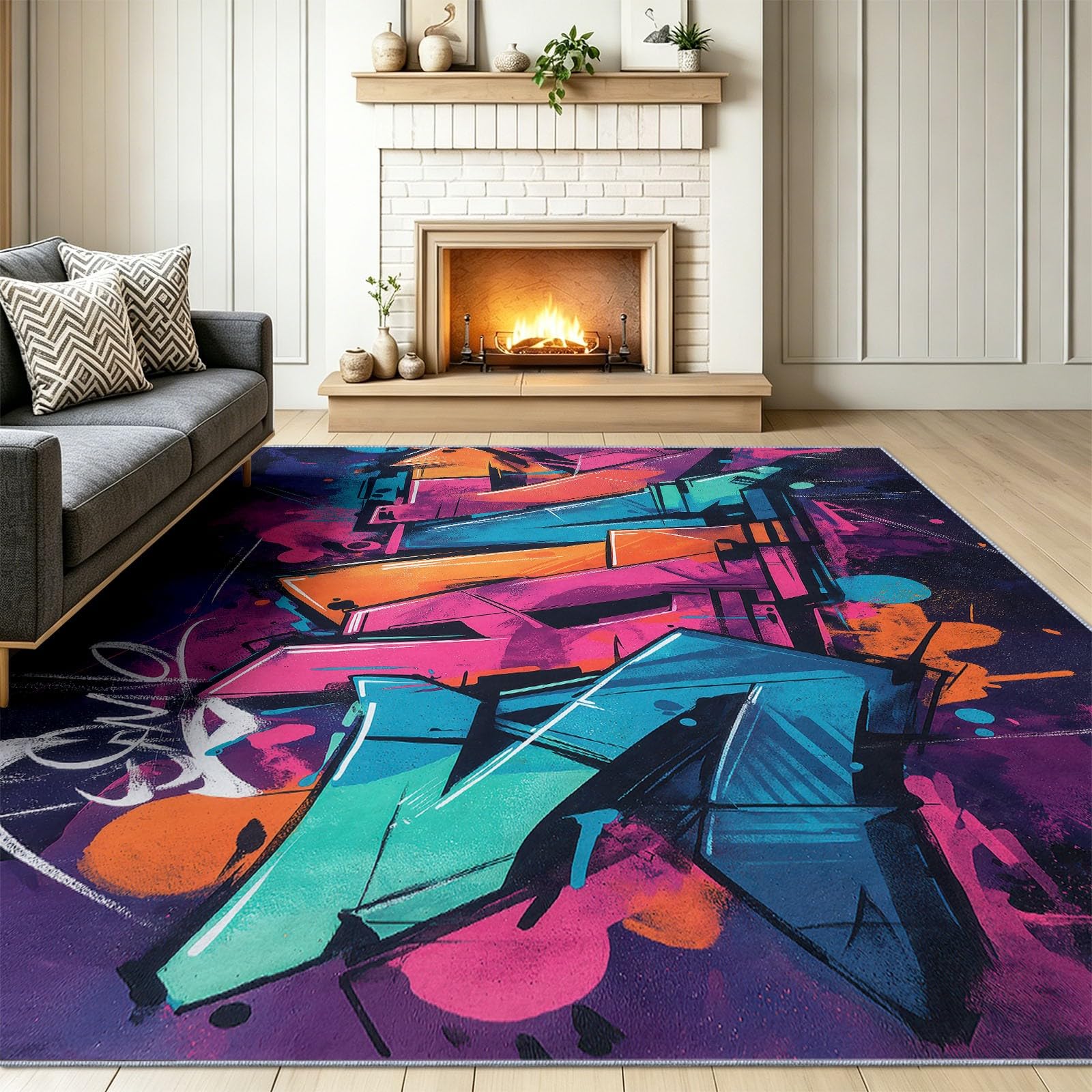Tapis D'Appoint Abstrait Graffiti Lettres Lignes 120 x 180 cm, Doux Lavables Antidérapant Enfants Adultes, Violet Cool Tendance Tapis pour Salon Chambre Jeux