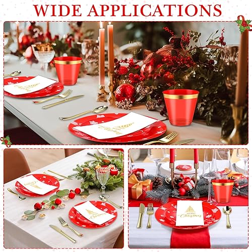 Miniatura 4 de Maxcheck Juego de vajilla de plástico de Navidad de 175 piezas, 25 platos llanos, 25 platos de postre, 25 servilletas, 25 tenedores, 25 cuchillos,