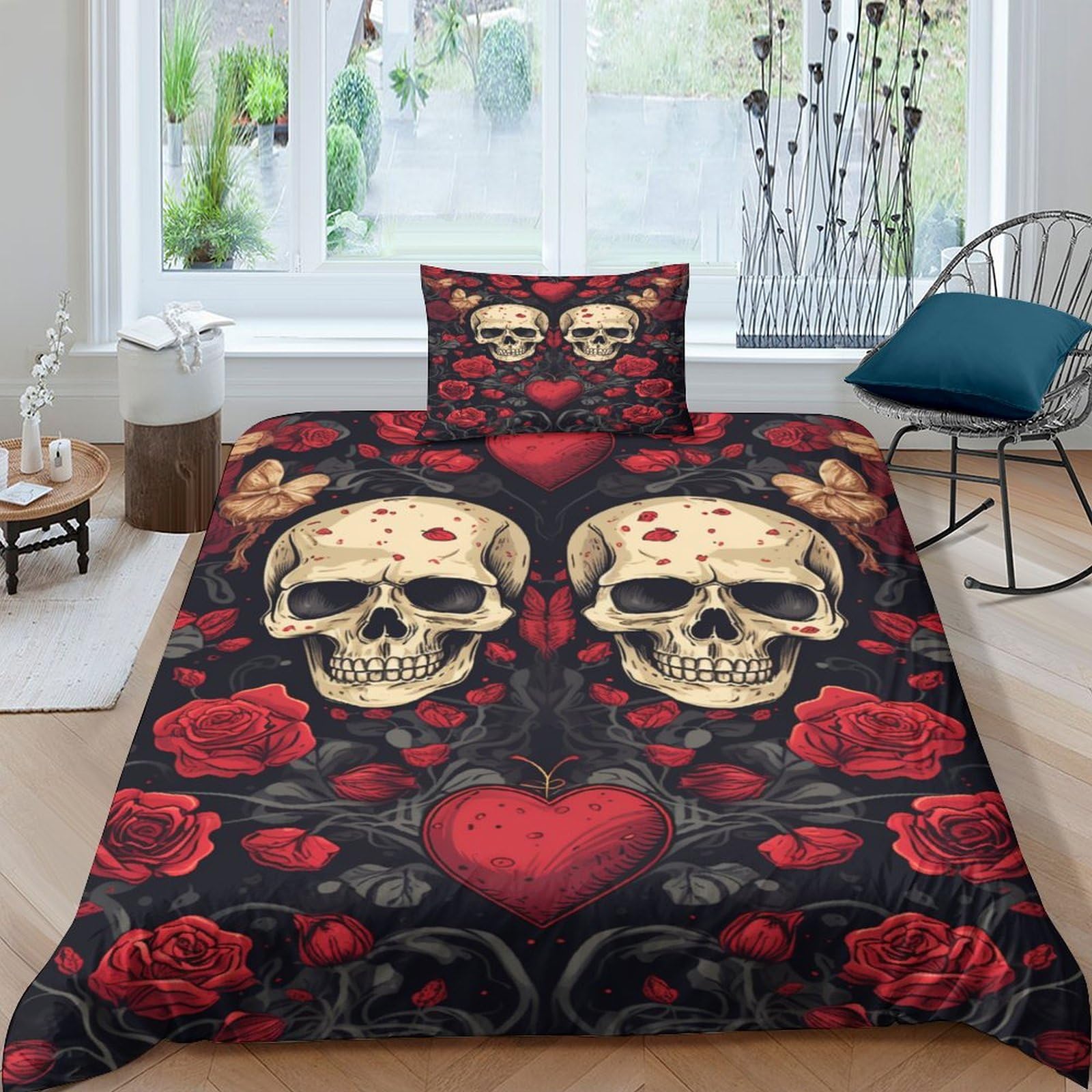 Housse de couette microfibre douce et zippée motif crâne et roses