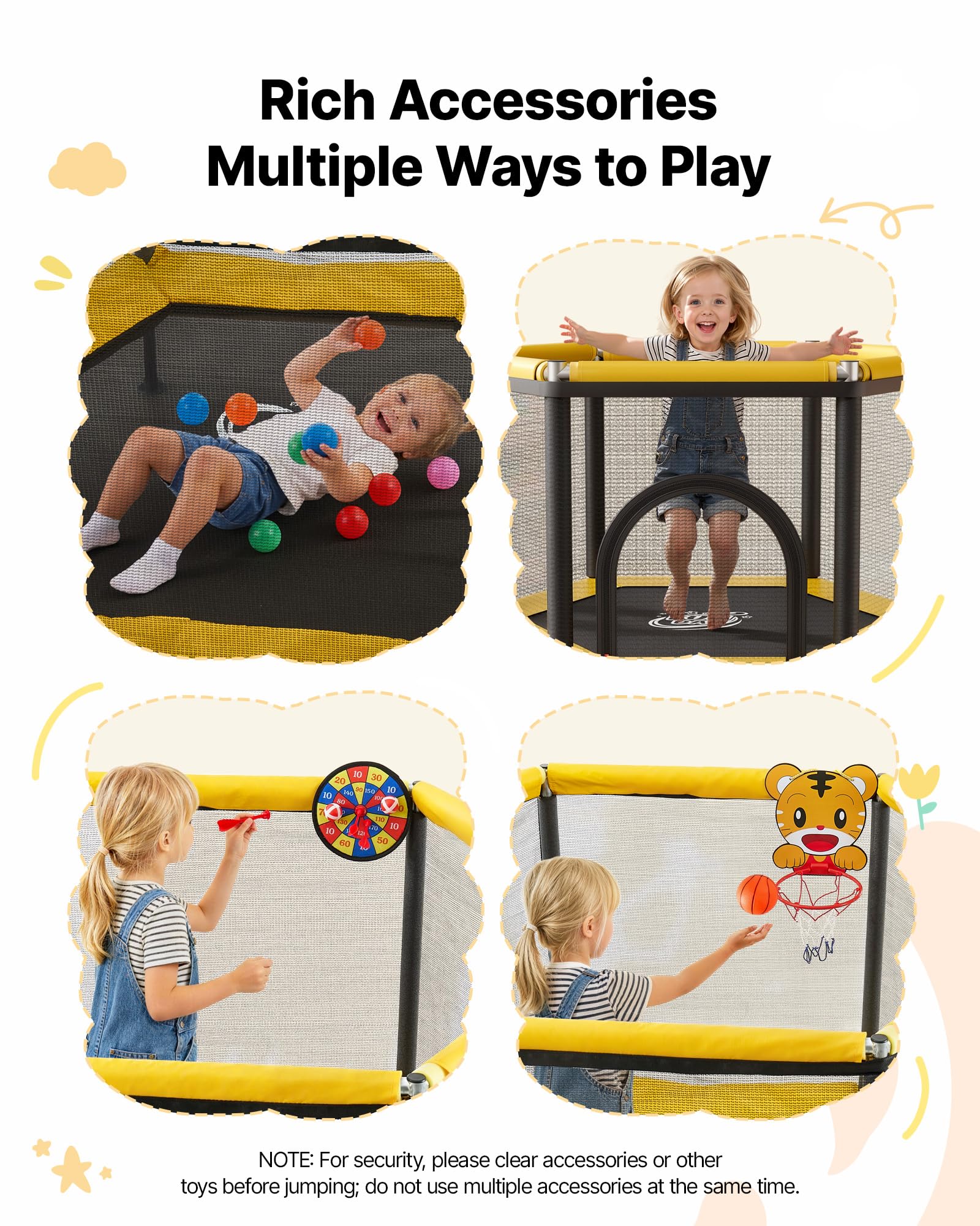 VEVOR Trampolino Elastico da Interno per Bambini Carico Dinamico 60 kg, Mini Trampolino con Rete di Protezione Giocattolo da Interno con Canestro da Basket Forma a Esagonale Tappeto Elastico in PP