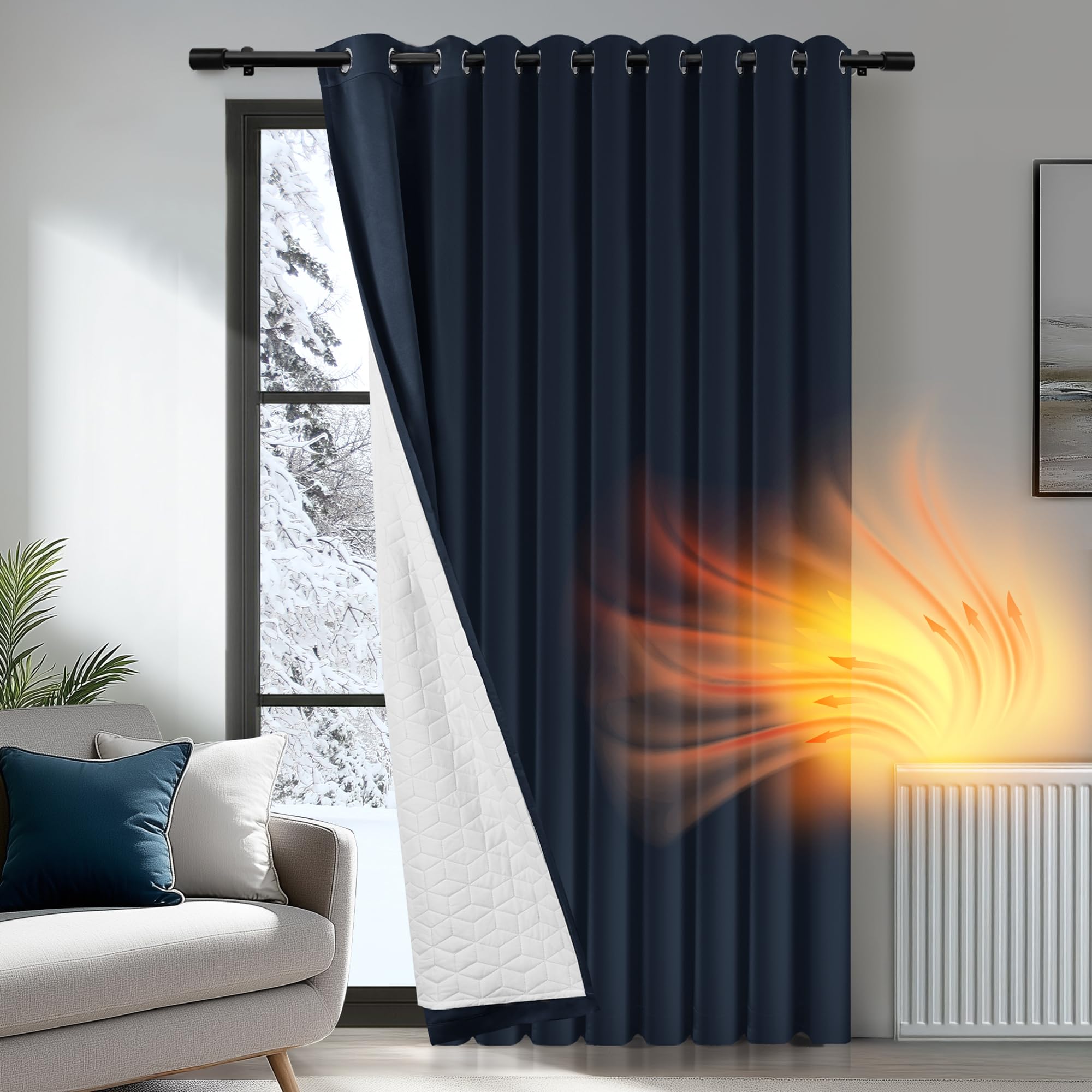 Deconovo Tenda Oscurante Termica con Occhielli – Pesante, Doppio Strato Isolante per Freddo e Caldo, Antivento, per Finestre e Porte, 300x260 cm, Blu Navy Retro Bianco, 1 Pannello