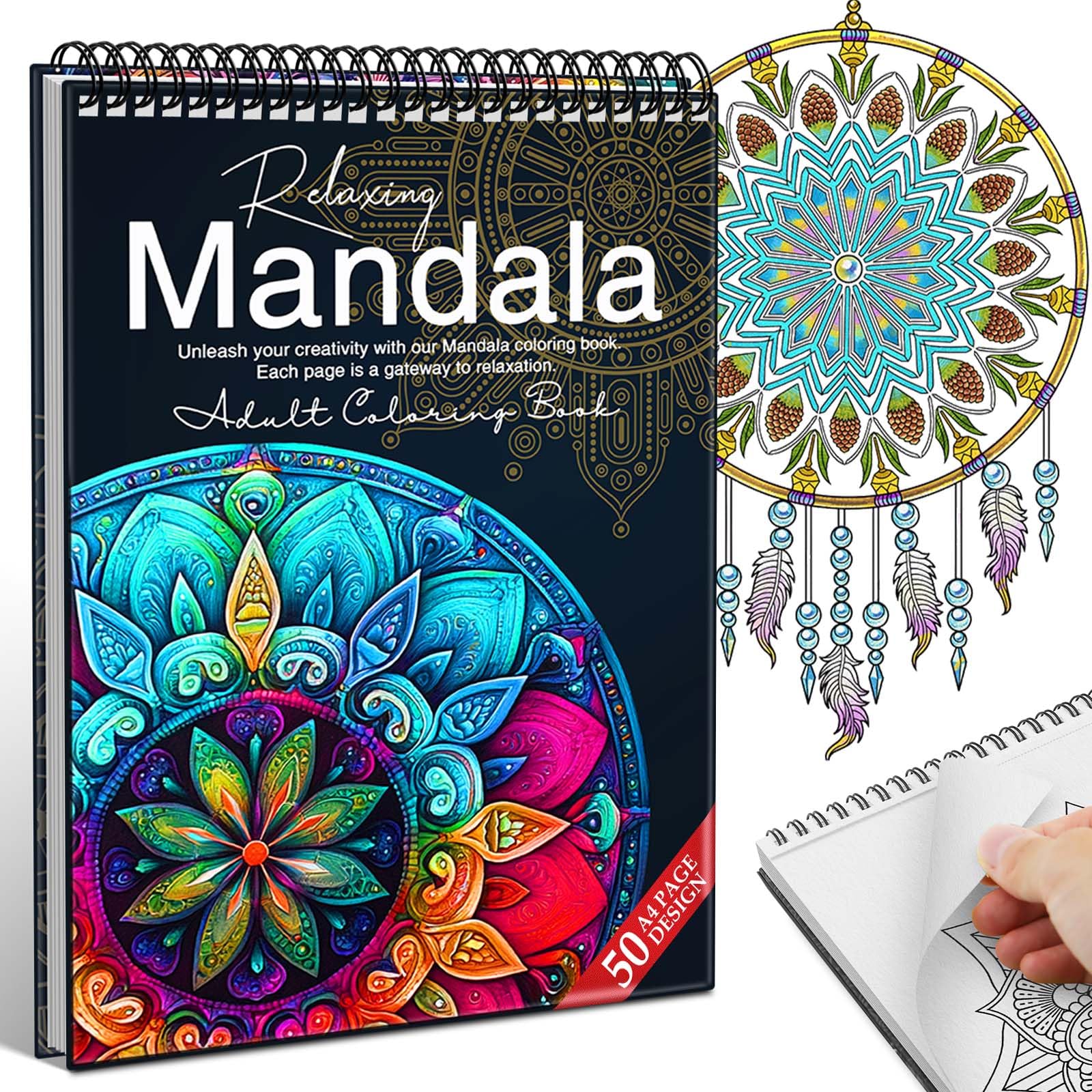 Mandala-Malbuch für Erwachsene und Frauen, Entspannung, Erwachsenen-Malbuch für Frauen, Entspannung mit 50 Mustern, fester Einband, dickes Papier, Spiralbindung, handgezeichnetes Design, Geschenk zum
