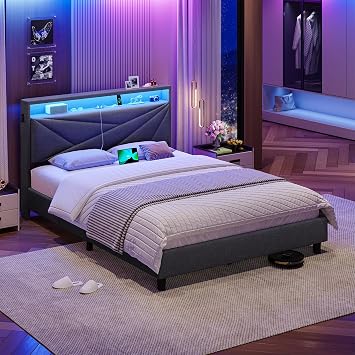 KIMENICH Double Bed Frame, Upholstered Bed 135 x 190 cm with LED Lighting, Upholstered Headboard with Sockets, Wood Slat Support, Easy Assembly, Linen Grey