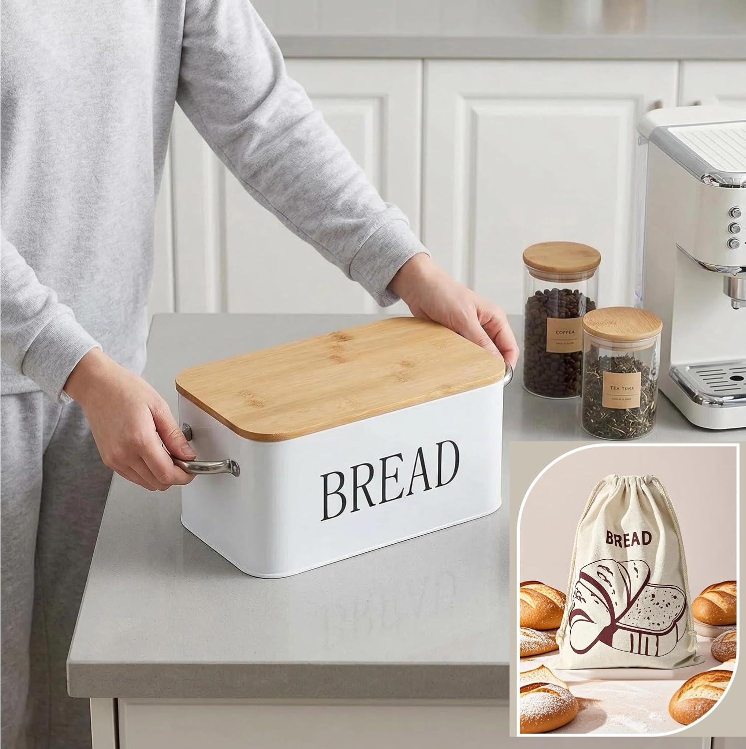 Metal Bread Box with Bamboo Cutting Board Lid, Storage Container for Kitchen Counter, Large Capacity Breadbox, Vintage Kitchen Decor (White)
