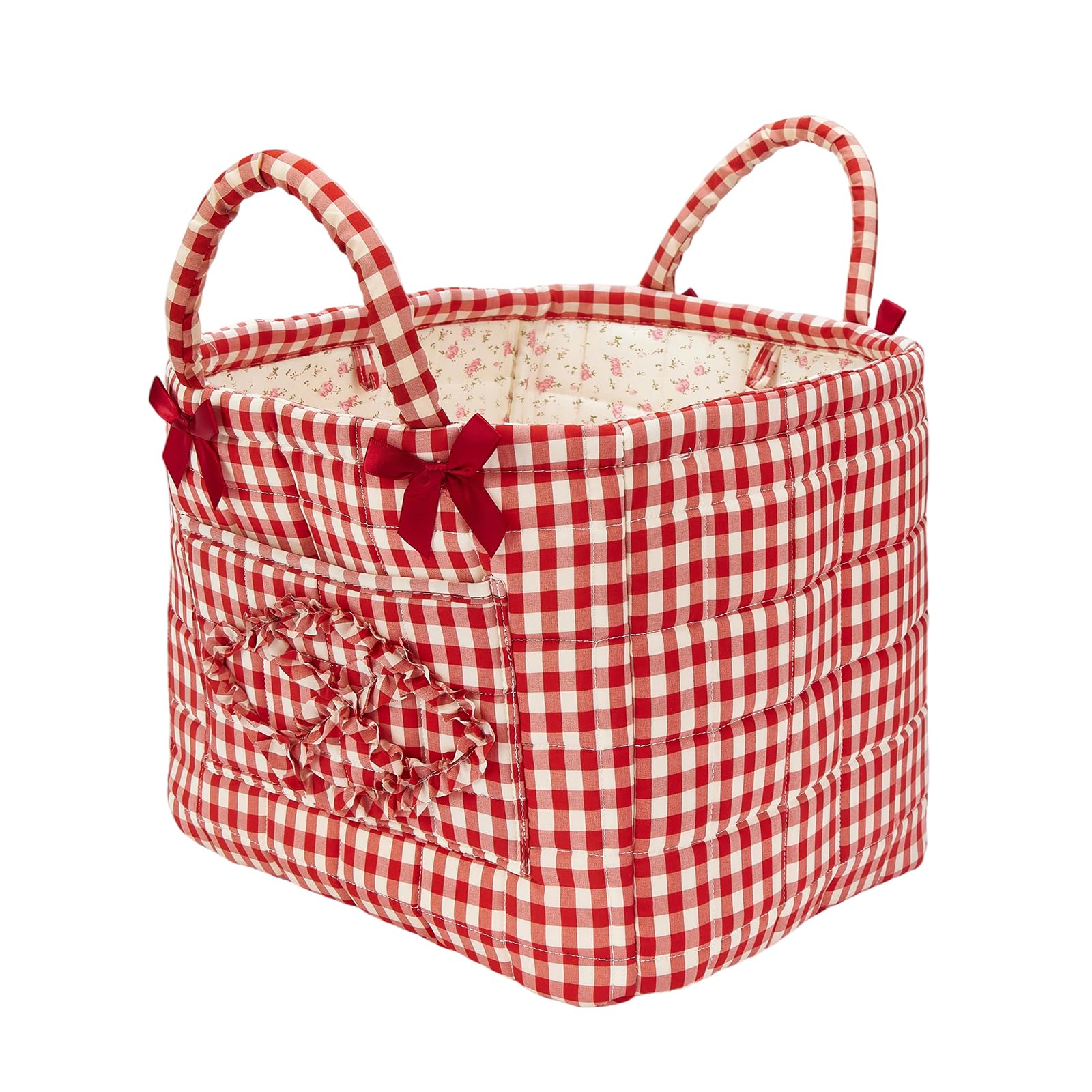 Boho Fabric Storage Basket Quilted Floral Print Baskets Organizer Bin with Handles for Home, Picnic, Shopping (A-Red 1, One Size)