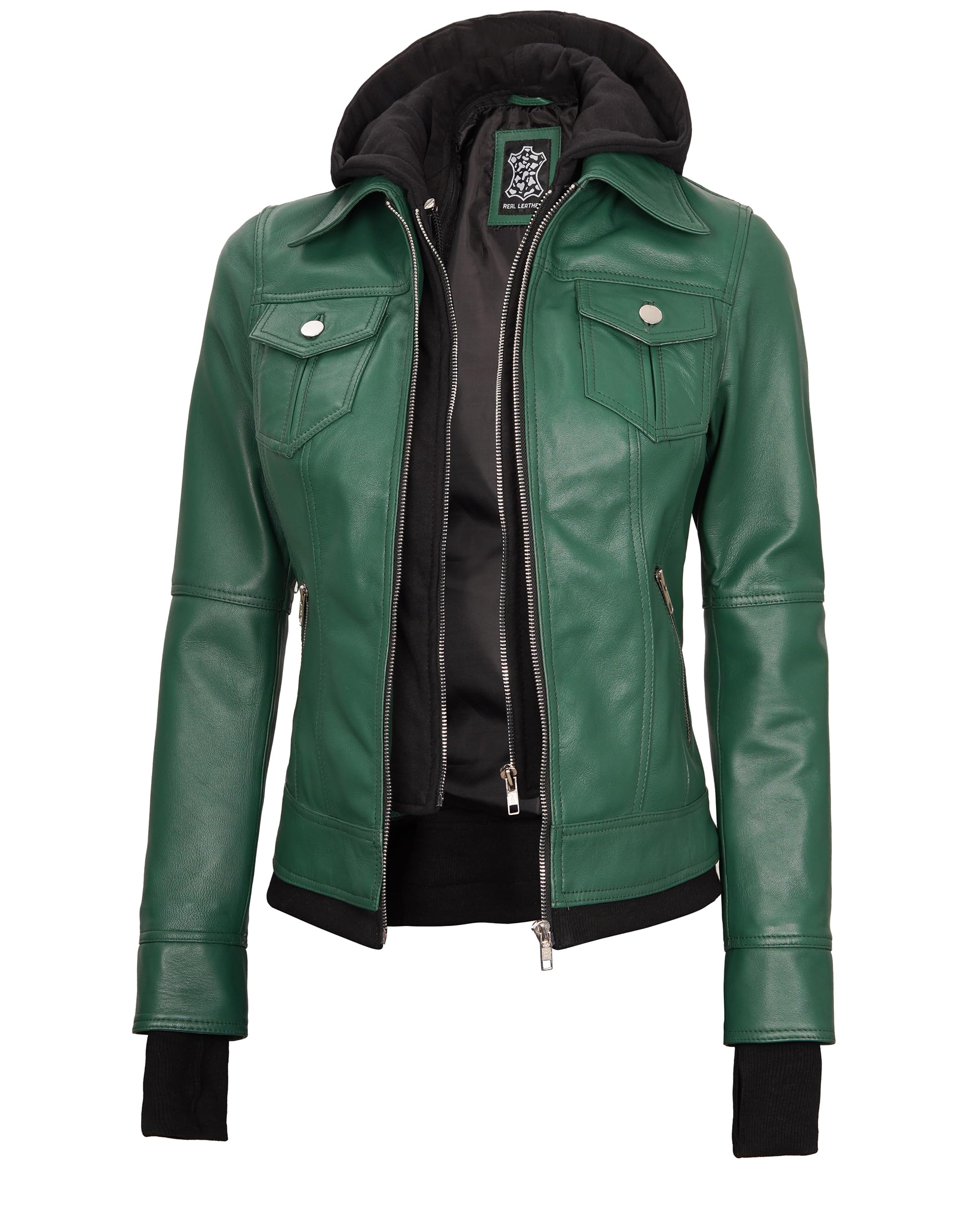 Blingsoul Womens Leather Jacket with Detachable Hood - Real Lambskin Bomber Jacket Thumbholes Women