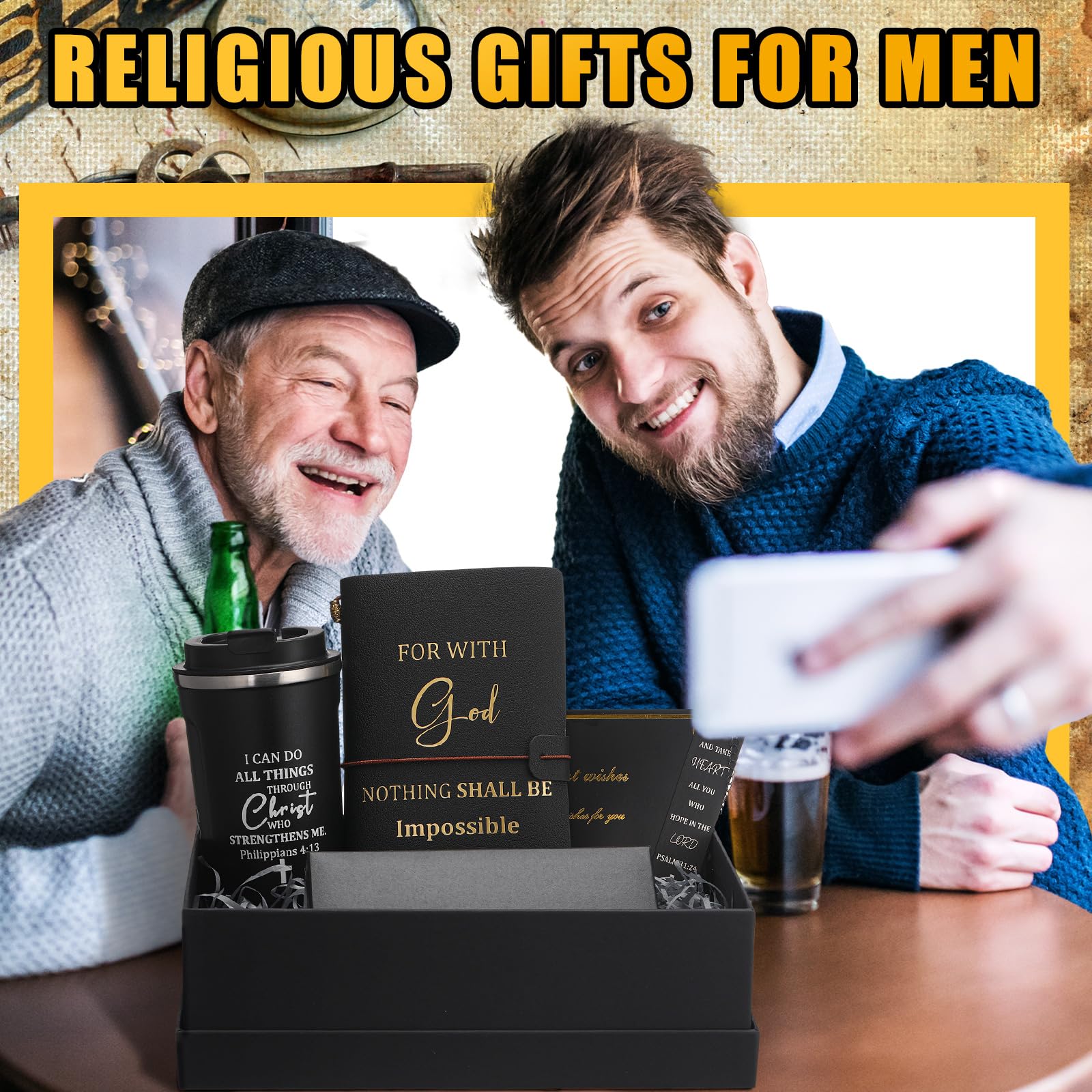 6 Pcs Father's Day Christian Gift Set for Men Inspirational Religious Faith Gift with 17oz Tumbler Notebook Bookmark Pen and Greeting Card for Father Dad Husband Grandpa Friends(Black)