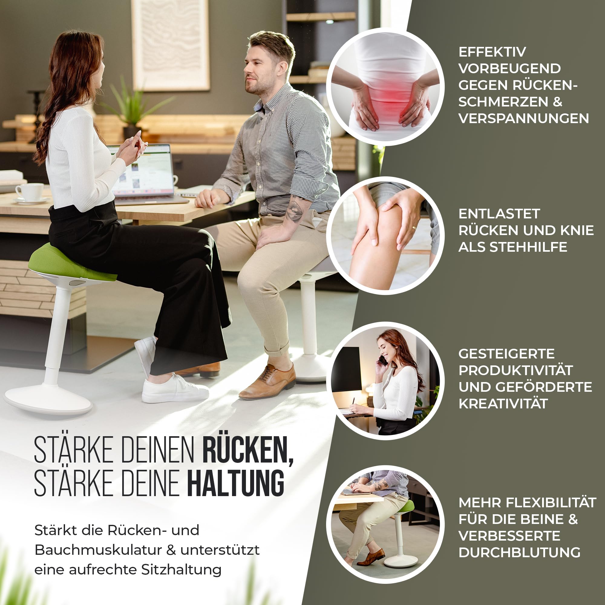 SH-01S Bürohocker Ergonomisch [IGR Zertifiziert] | Sitzhocker ergonomisch höhenverstellbar [47-65 cm]| Ergonomischer Hocker für Arbeit & Freizeit | Schwingeffekt [rutschfest] (Grün)