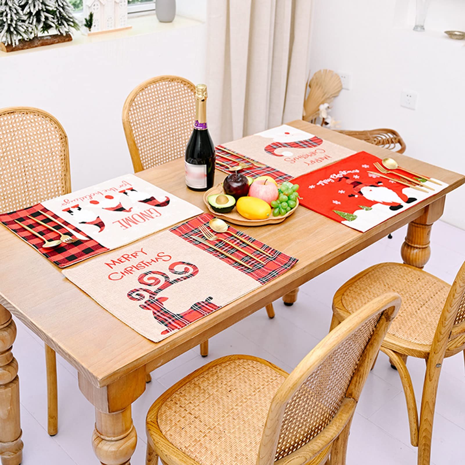 RENRUIRUI- Set De 4 Sets De Table De Noël, Avec Motif Buffalo Check, Bonhomme De Neige, Père Noël Et Wapiti, Décor De Table À Manger De Vacances De Noël, 18 X 13,4 Po