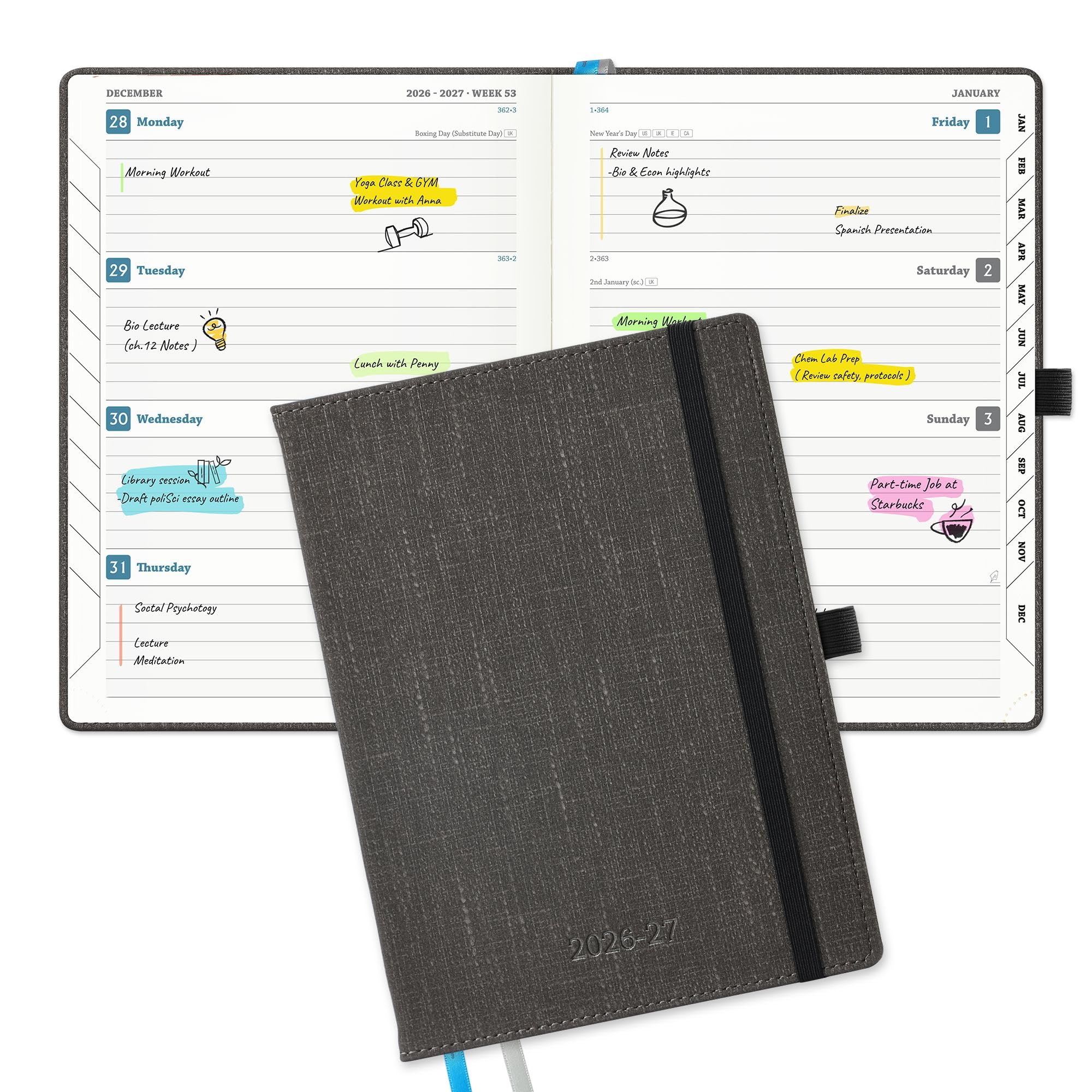 IN-LUXPRO Academic Diary 2026-2027: Luxury A5 Week to View (21.9x16.2cm)18 Months (Jul'26 - Dec'27) Mid Year Diary 26/27 Horizontal Weekly Planner with Timeslots & Month Tabs, PU Leather Dark Grey