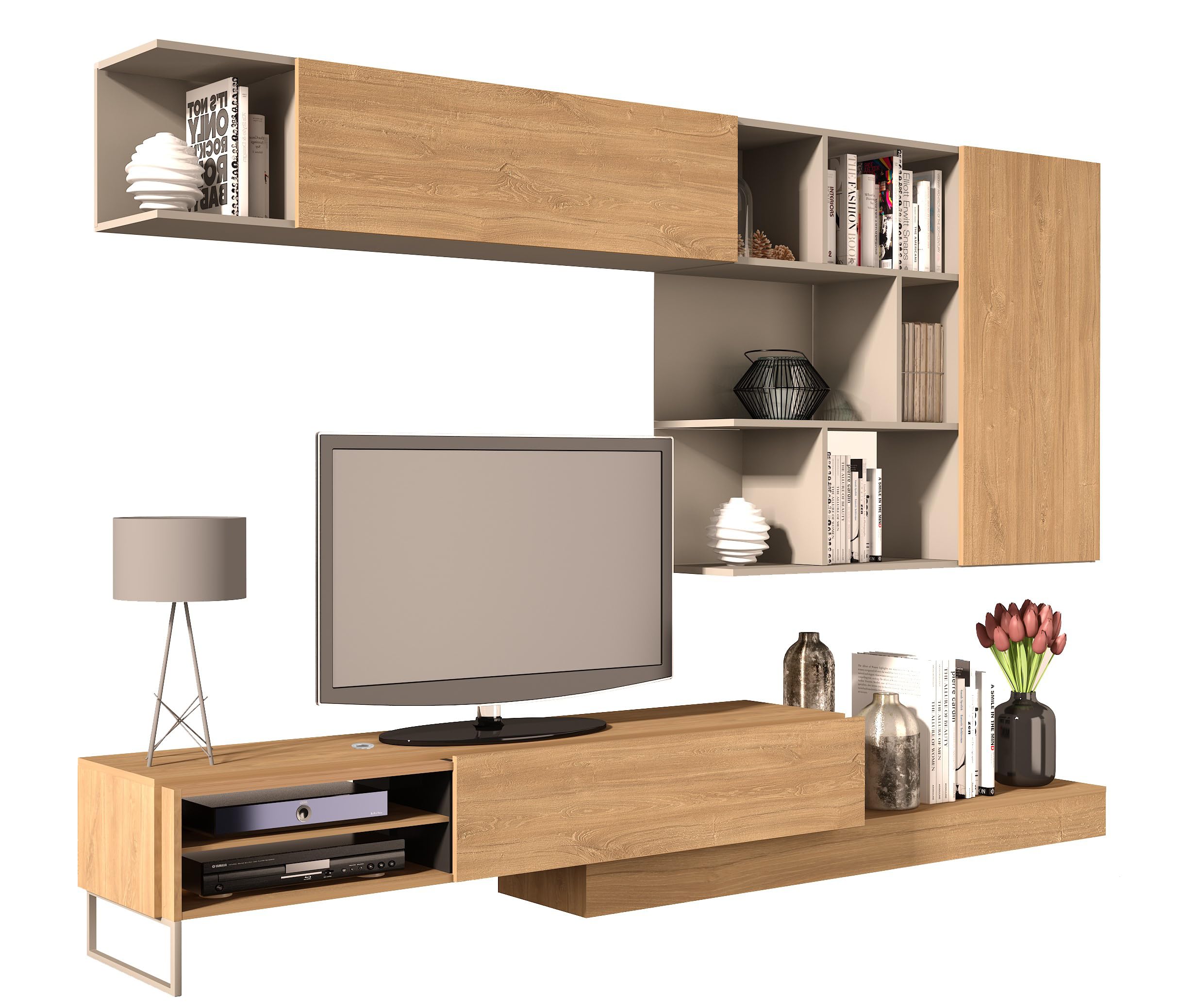 Mobelcenter, Mueble de Salón Enio Reversible, Módulo TV y Módulo Superior, Acabado en Color Roble Kansas y Gris, Medidas: Ancho: 272-309 cm x Fondo: 44 cm x Alto: 102 cm (1648)