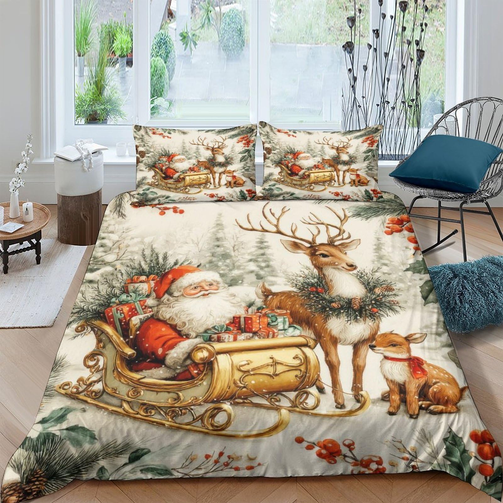 Ctjqhvkz Style-3 3D Printed Christmas Reindeer Fitted Sheet Microfiber Festive Santa Sleigh Bed Cover For Bedroom Decor Easy Care Single（135X200cm）