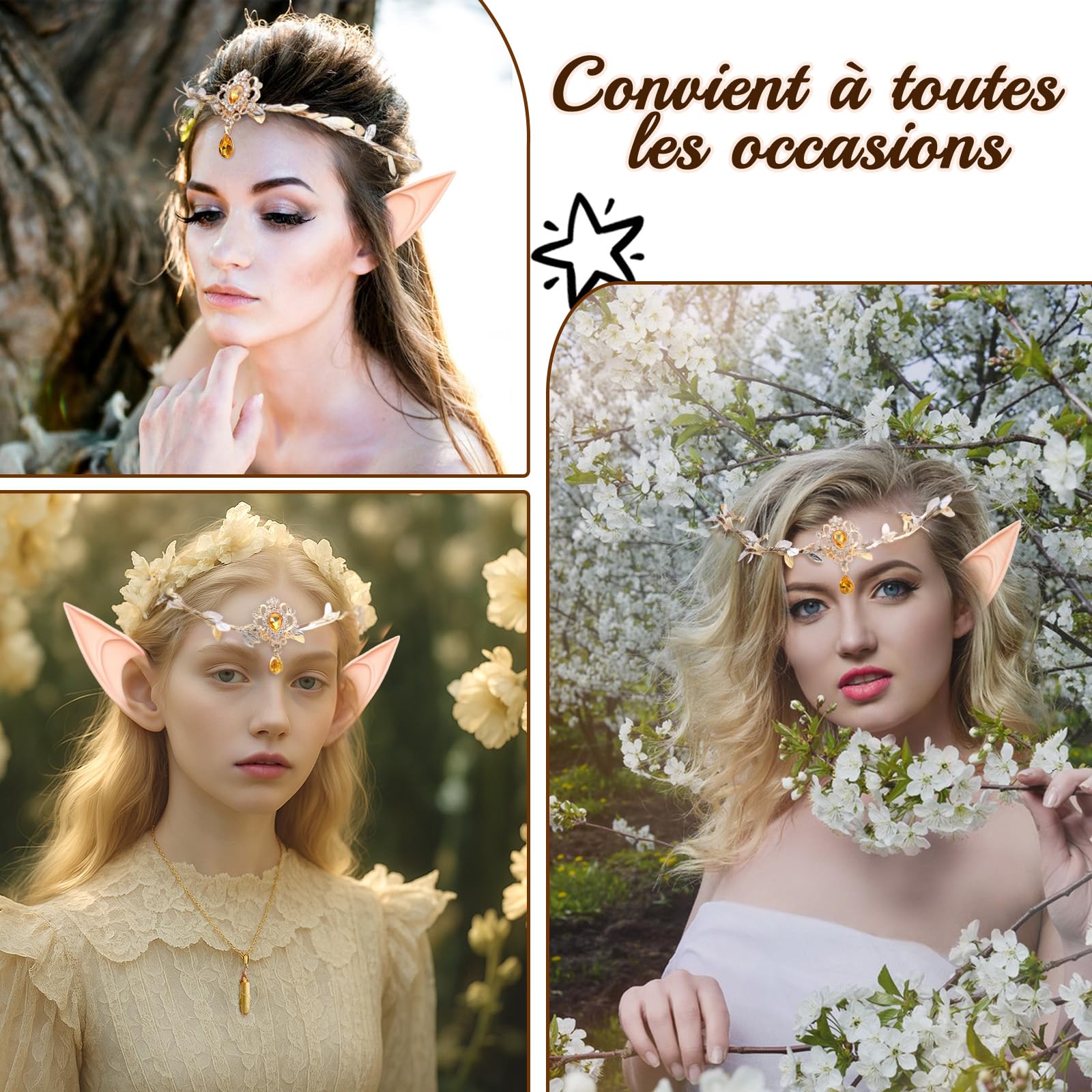 Beamely Elf Costume Set for Women, Forest Fairy Ears Accessories with Floral Wreath Gloves, Fairy Ears, Necklace, Renessance Elf Set, Forest Fairy Ears Set für Halloween Carnival Theme Party