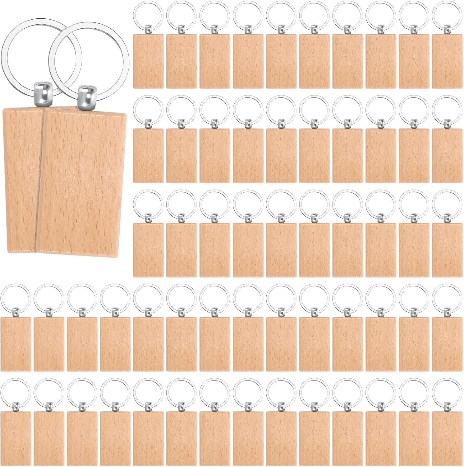 Rectangle Wood Keychain Blanks, 60 Pieces, Unfinished Wooden Key Ring for Engraving, DIY Gift Craft