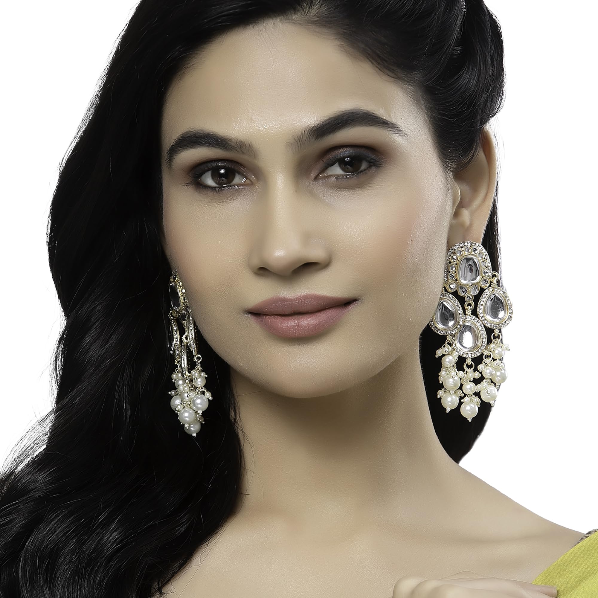 Gold-Plated Kundan & Pearls Teardrop Mirror Earrings