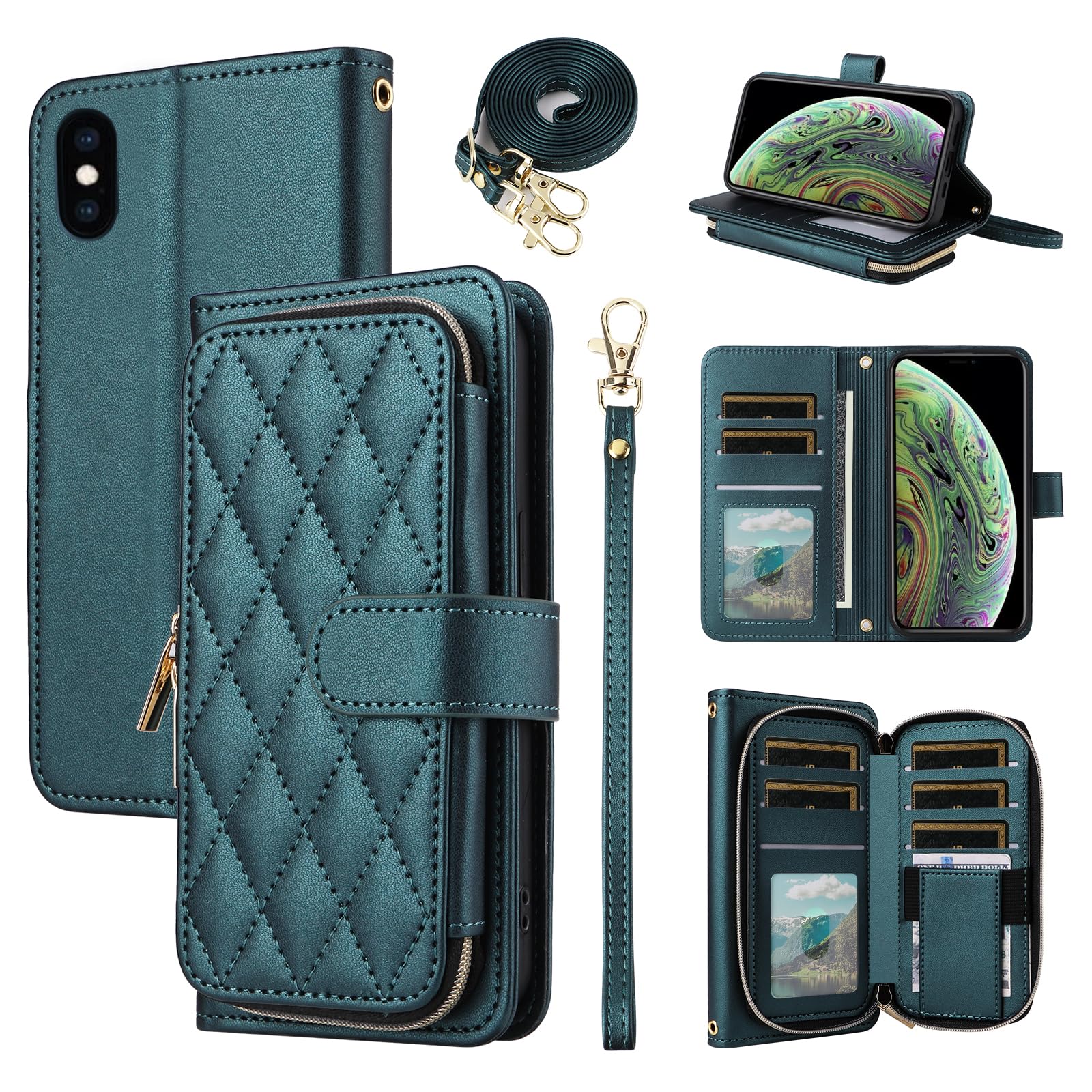 Furiet Argyle Wallet Case for iPhone Xs Max with Wrist Strap Shoulder Strap Card Slots Zipper Purse, Luxury PU Leather Stand Phone Cover for i X XR Xsmax 10x SX Xmax 10xs 10s 10 Plus Xmaxs Green