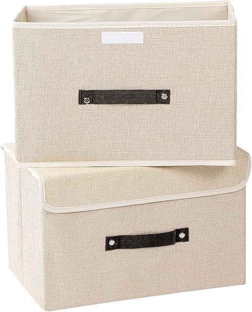 Amazon Brand - Umi Large Storage Boxes with Lids 2 Pack, Collapsible Storage Box with Handle, Linen Fabric Clothing Storage Bins Toy Box For Clothes, Towels, Books - 39x26x26 cm, Beige
