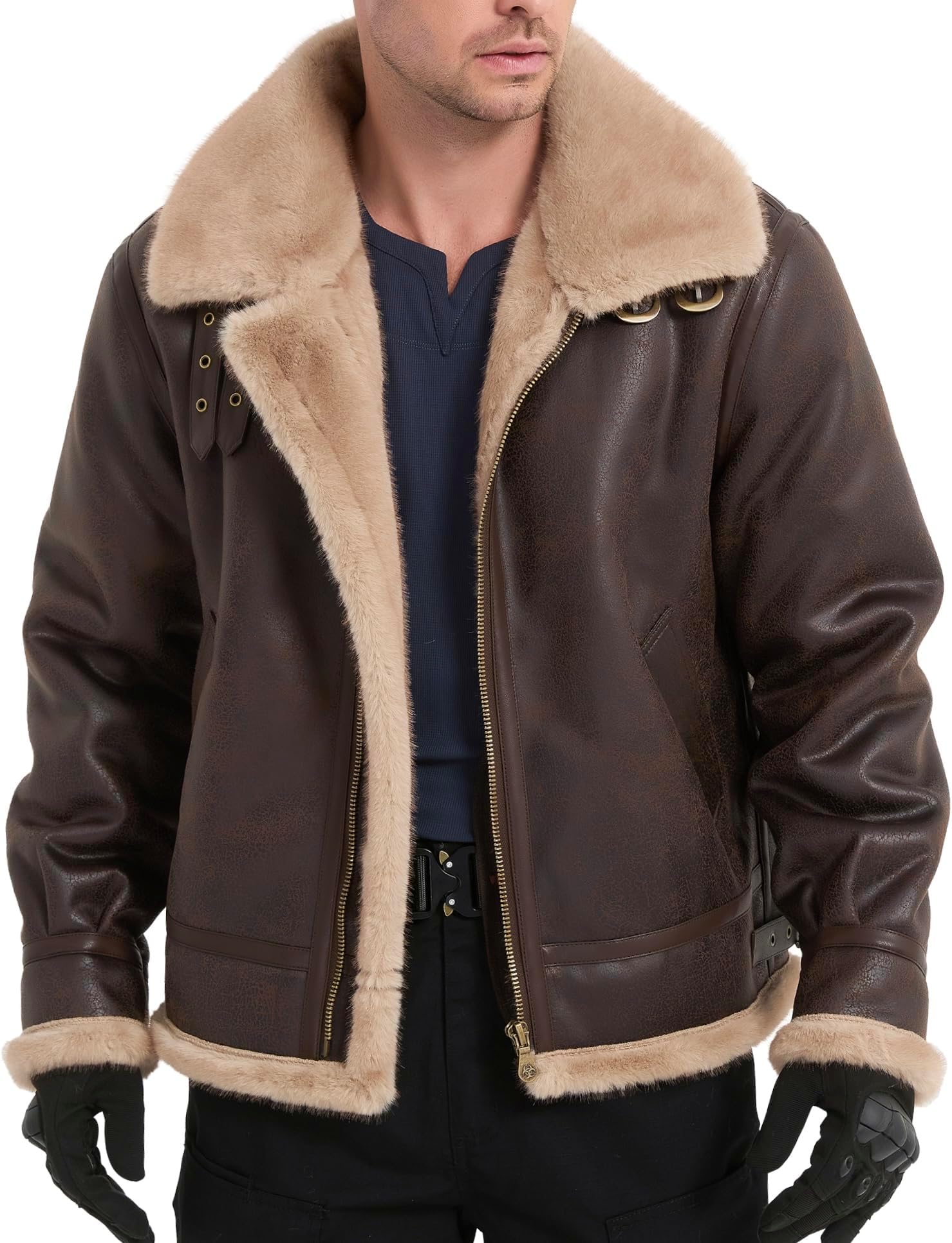 Jacket Men Brown Leather Jacket Motorcycle Bomber Coat Cosplay Costume Winter Outfit XS-3XL