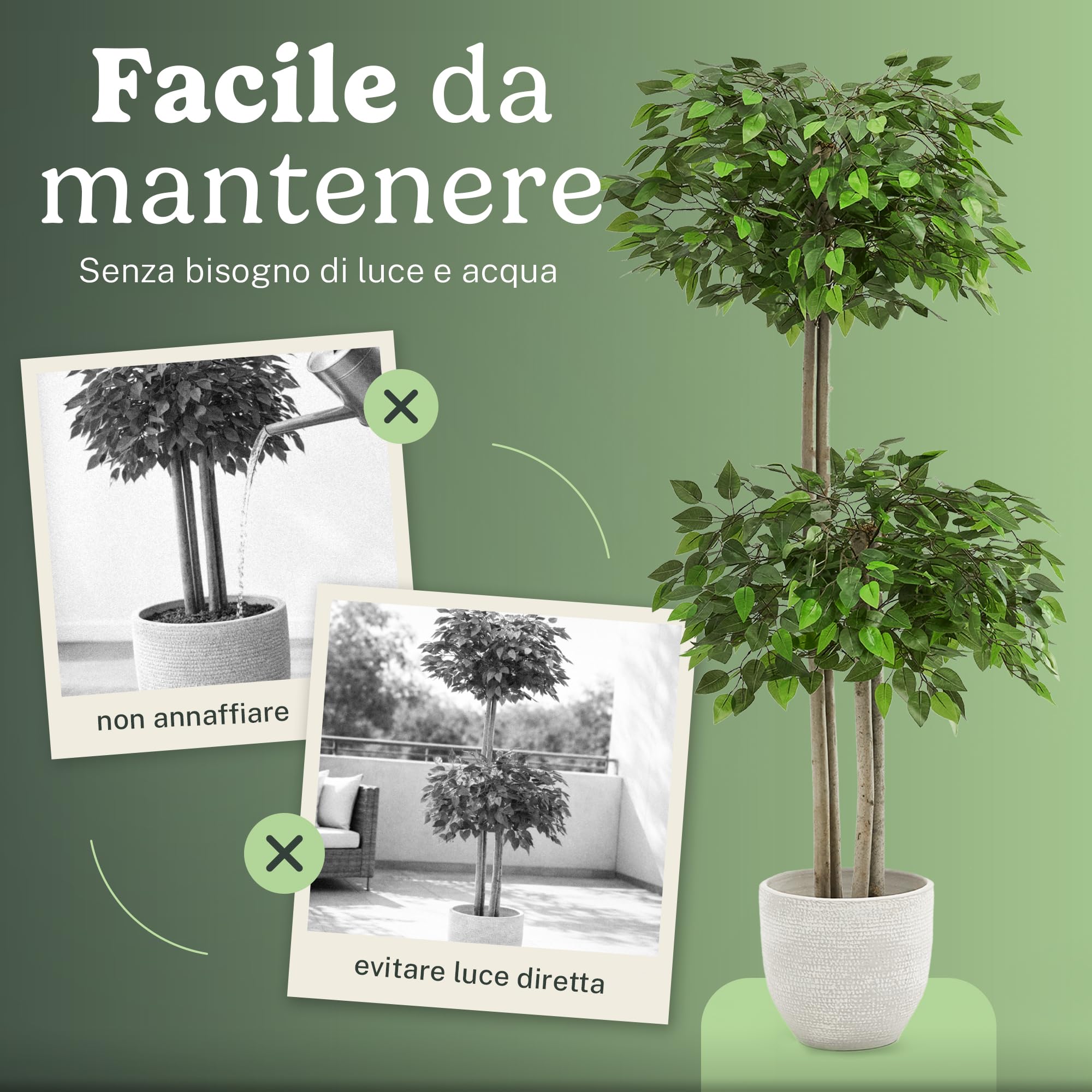 Piante Finte da Interno - Ficus Artificiale, 150 x 60 cm con 2 Chiome di Foglie, Albero Artificiale con Vaso in Plastica, Decorazioni Casa