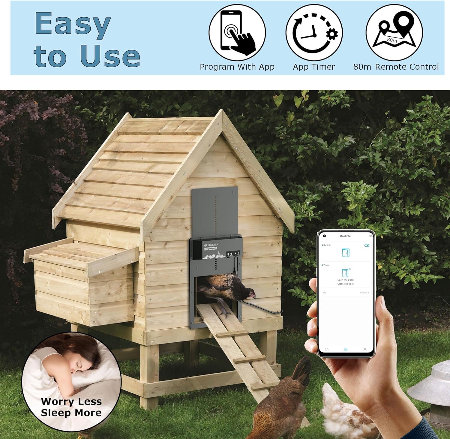 Automatic Chicken Coop Door - Programmable w/App & Timer, Solar/Battery/Grid Powered, Motion Sensor for Anti-Pinch,Plug & Play Electric Door, Aluminum for Weatherproof, Low Battery Alert