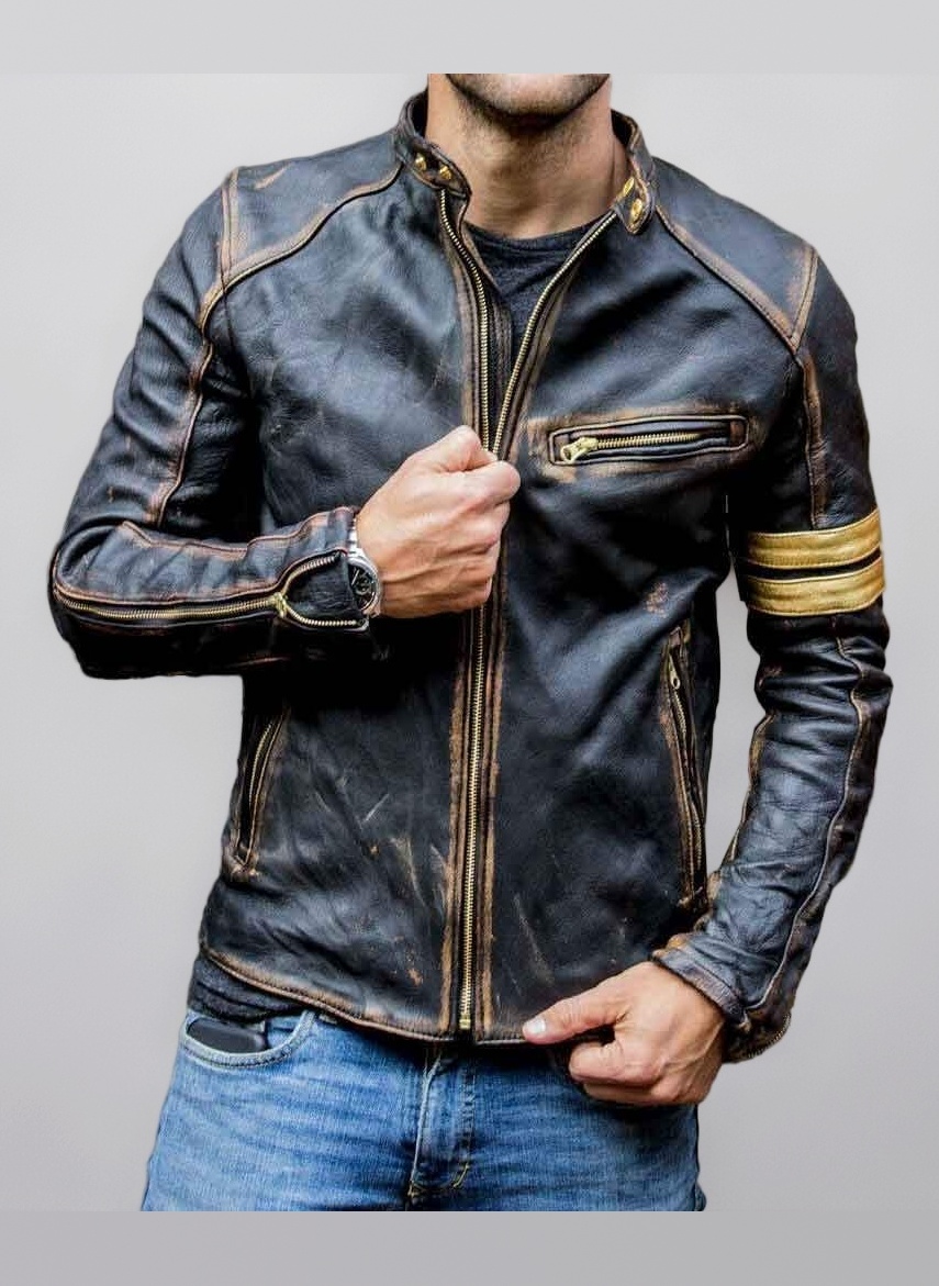 Real Leather Jacket Mens | Cafe Racer Black Leather Motorcycle Jacket | With Distressed Vintage Detail