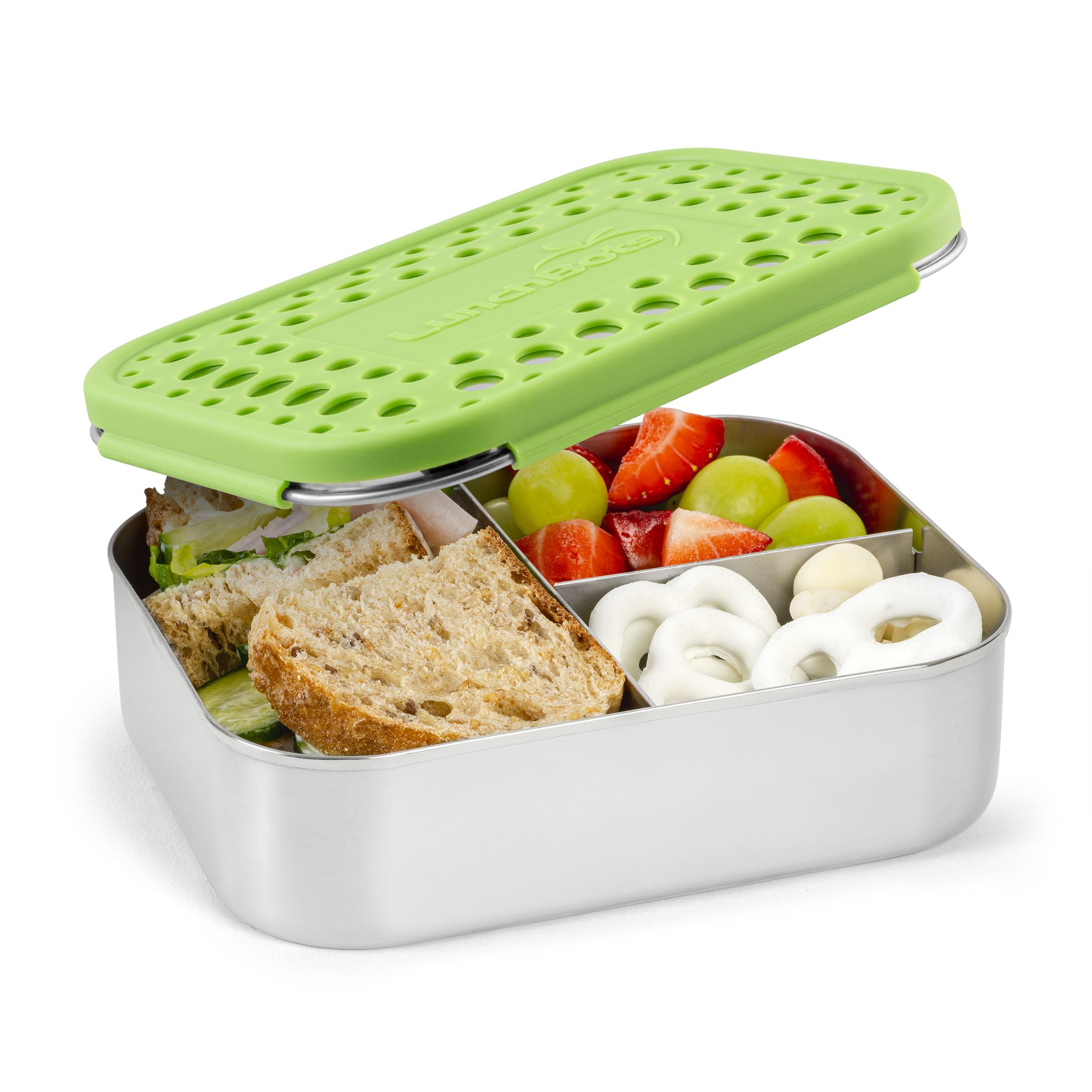LunchBots Medium Trio II Snack Container - Divided Stainless Steel Food Container - Three Sections for Snacks On the Go - Eco-Friendly, Dishwasher Safe, BPA-Free - Stainless Lid - Green Dots