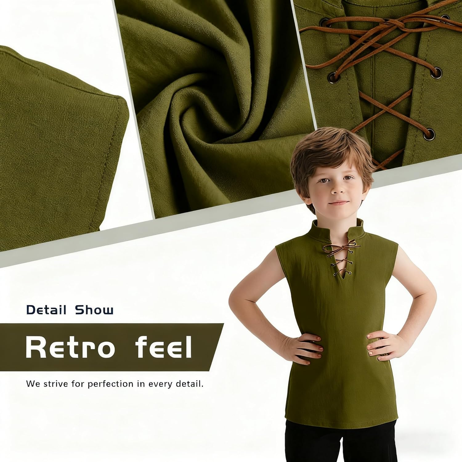 Kids Medieval Sleeveless Tunic Hip-Length Renaissance Pirate Costume Shirt Boys Girls Viking Halloween Top - Image 3