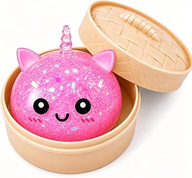 Unicorn Squishy Toy, Glitter Dumpling Stress Relief Fidget, Soft Slow Rising TPR Squeeze Toy, Cute Kawaii Bao Bun Desk Decor, Anxiety Relief Toy for Adults and Teens Pink
