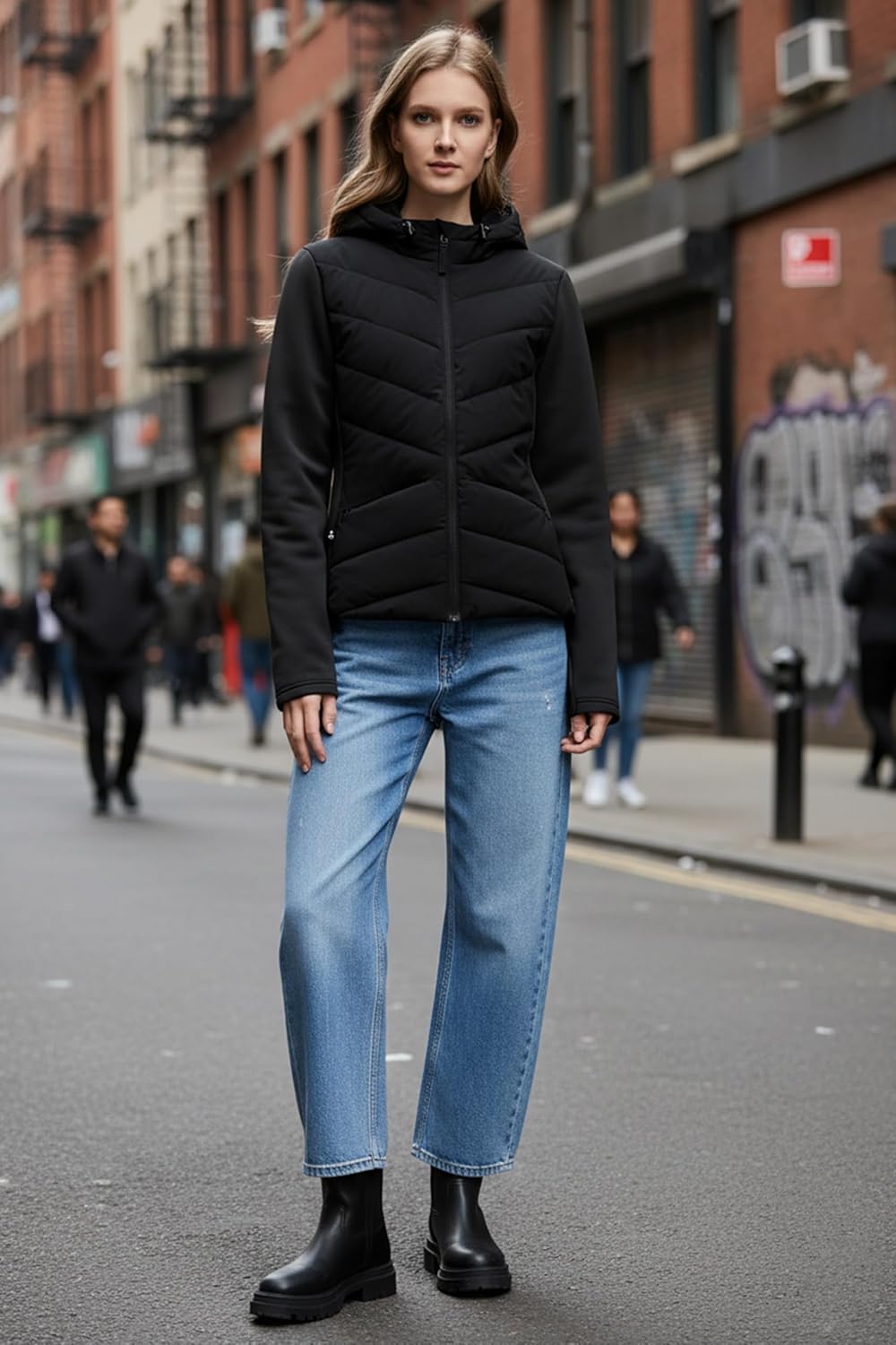 Orolay Women's Quilted Puffer Jacket Lightweight Patchwork Sleeves Coat Hooded Zip Up Jacket for Outdoor, Hiking - Image 3