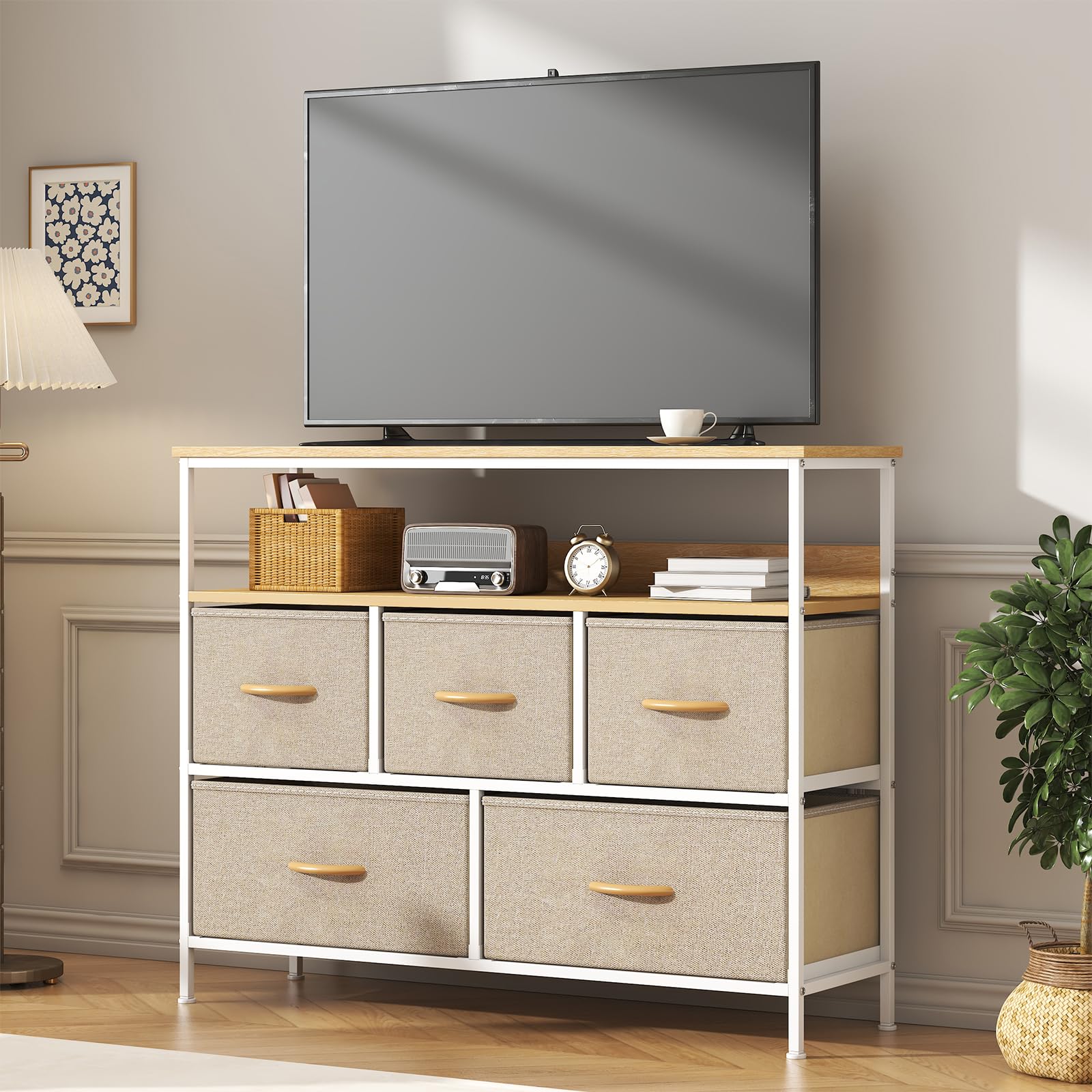 GoaHi 5 Drawer Chest of Drawers with Storage Shelf, Industrial Steel Frame & MDF Top, Fabric Drawer Storage Unit for Bedroom, Living Room, Hallway or TV Unit,Khaki — image 1