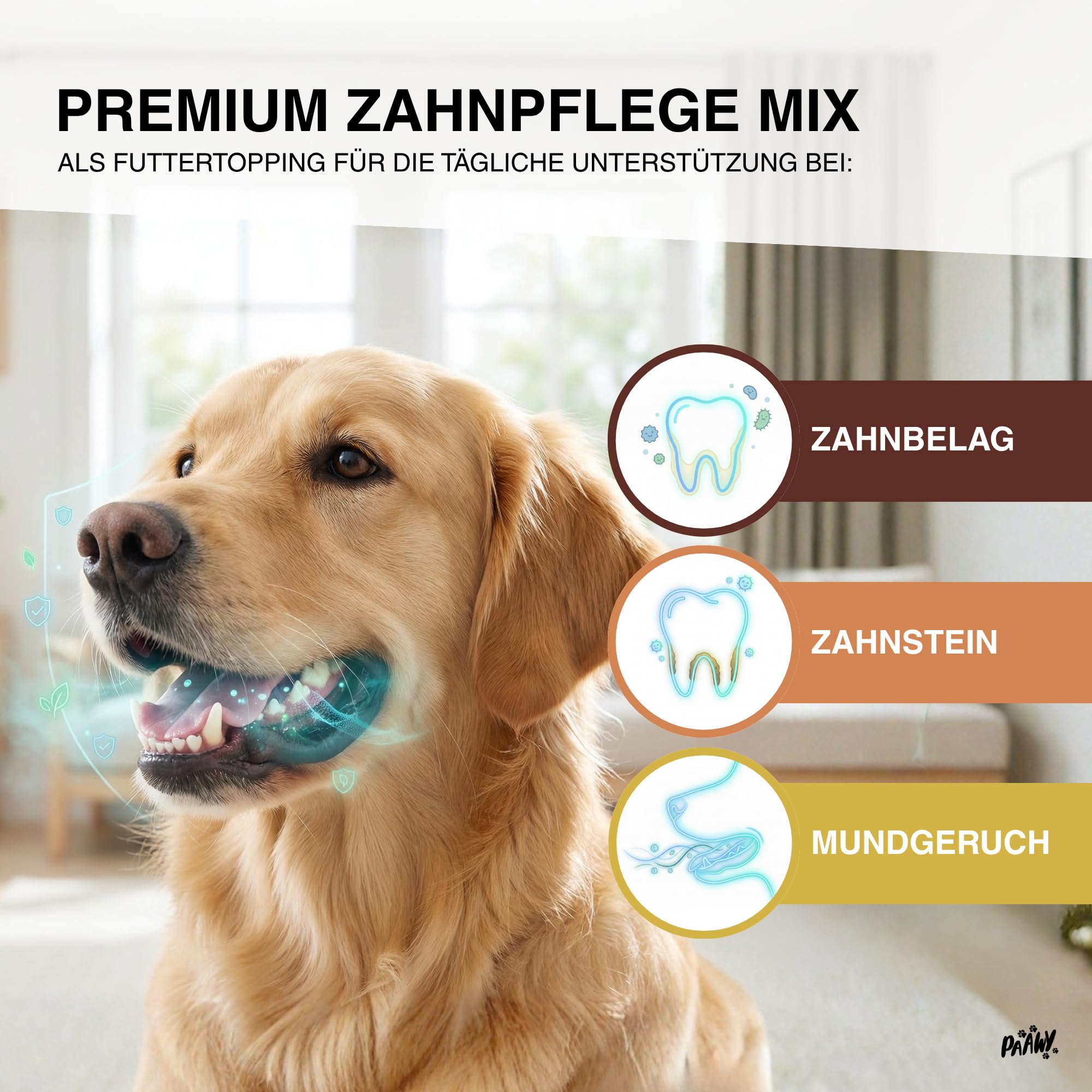 Dental Pulver für Hunde - 9-in-1 Wirkstoff-Komplex Made in Germany - Zahnsteinentferner & Anti-Mundgeruch Futtertopping - einfache Zahnpflege beim Hund - Zahnputzflocken für tägliche Reinigung