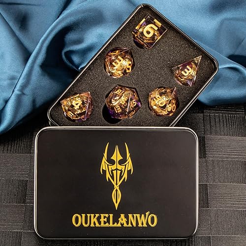 Miniatura 6 de OUKELANWO Magic Lord of The Rings - Juego de dados DND con caja de regalo, dados poliédricos LOTR D y D RPG de resina morada, dados poliédricos D20