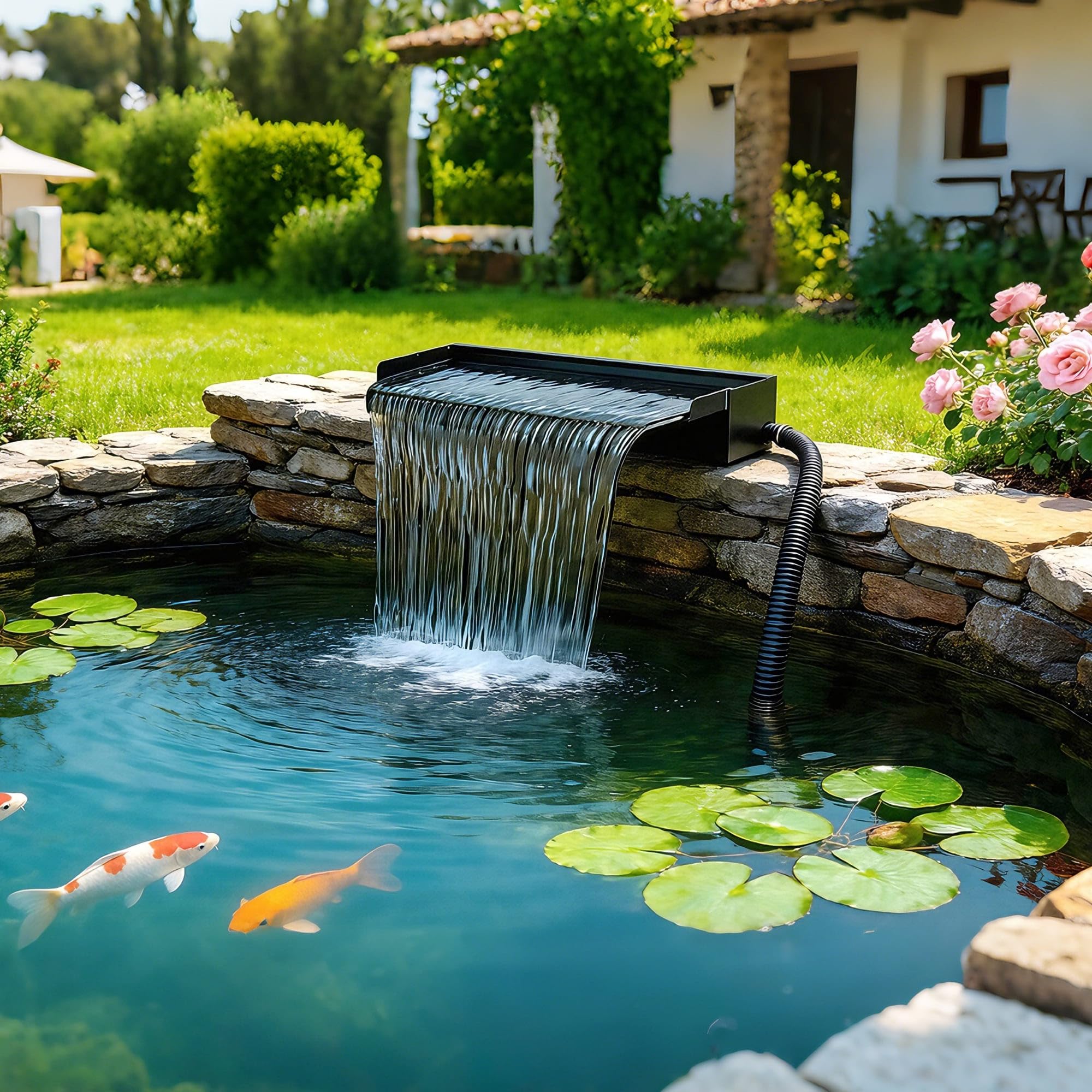 Biling Edelstahl Wasserfall Teich mit LED Warmlicht 60cm Bachlaufset 80W 4500L/H Pumpe für Gartenteich bis 8000L