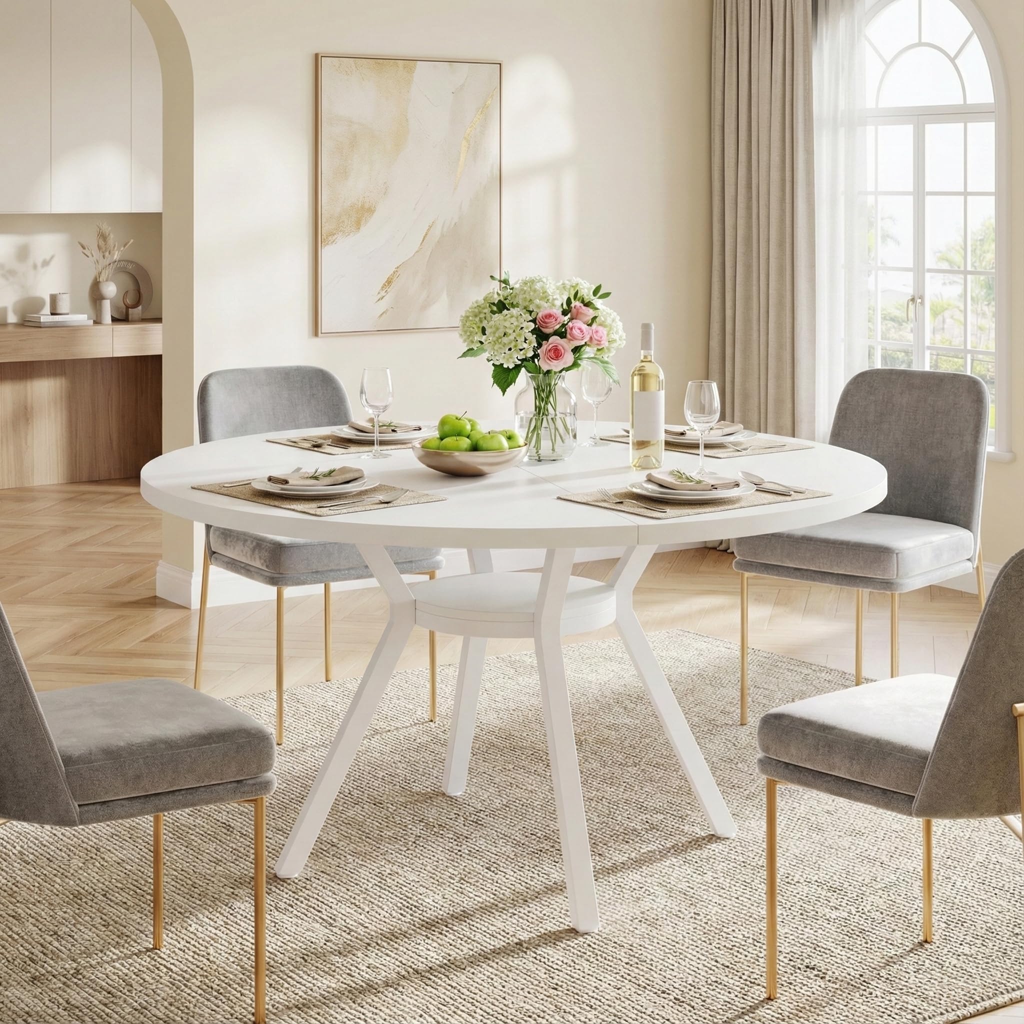 Lailang 120cm Tavolo da Pranzo, Tavolo Rotondo, Tavolo Moderno, Tavolo In Legno, Tavolo Cucina Per 4, Tavolo Soggiorno, 120 x 120 x 75 cm, Bianco