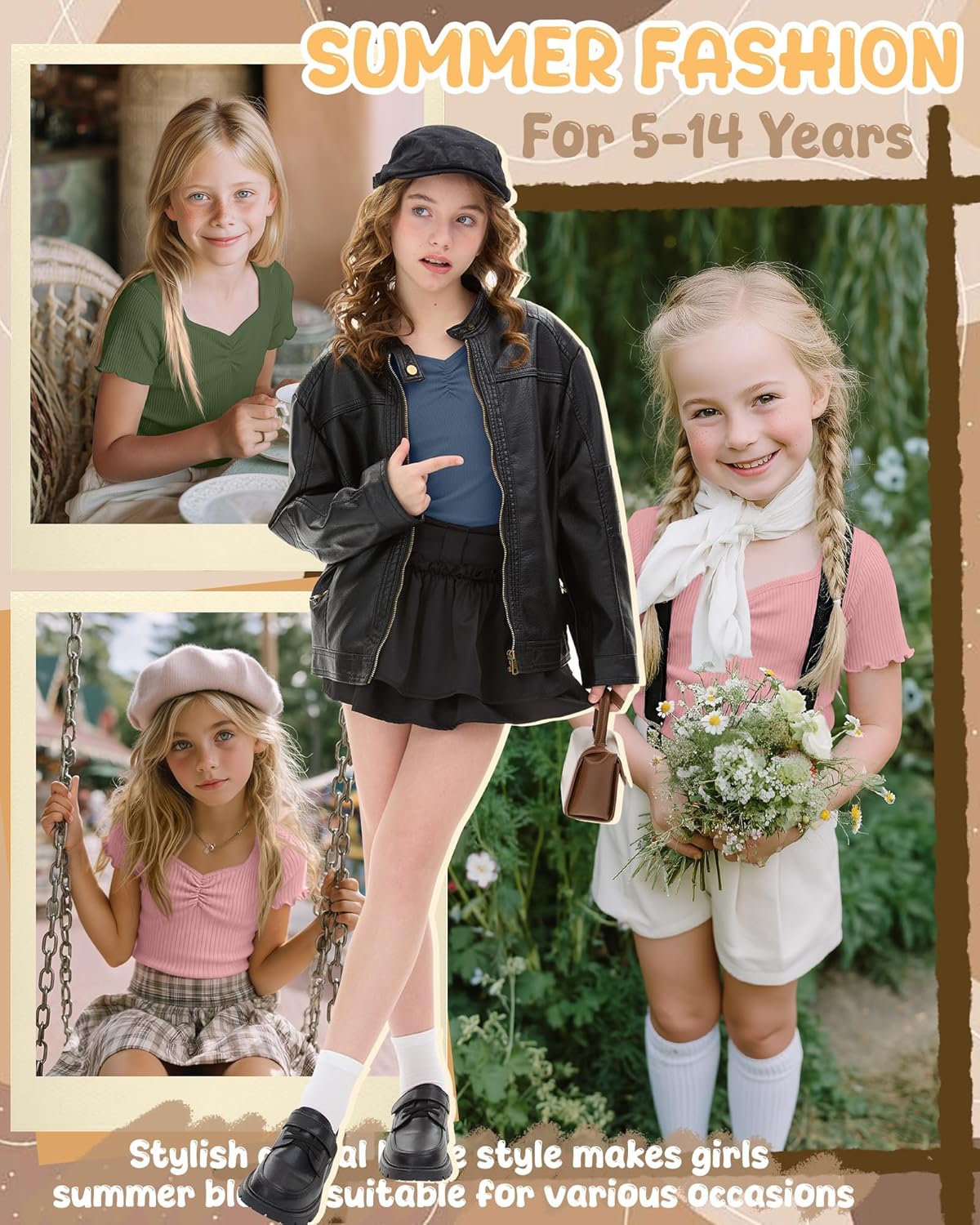 3 Pack Girl's Short Sleeve Shirts Ribbed Knit Sweetheart Neck Cotton Tops Kids Lettuce Trim Summer Cropped Tees - Image 5