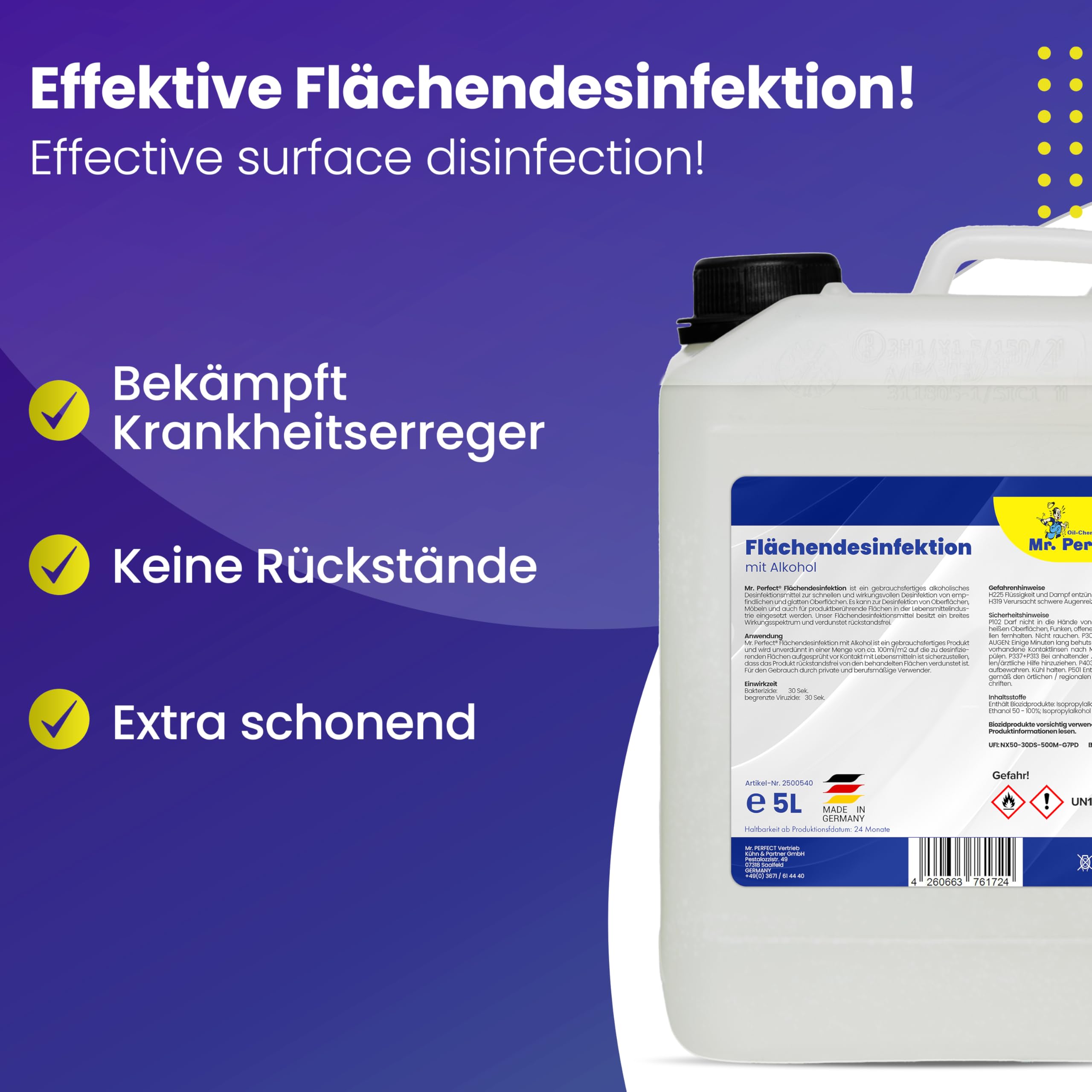 Mr. Perfect® alkoholisches Flächendesinfektionsmittel 2x5L - Hochwirksame Flächendesinfektion mit Alkohol - Ideales Desinfektionsmittel für alle glatten Oberflächen