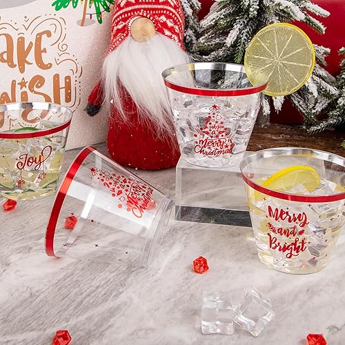 Miniatura 5 de I00000 60 vasos de plástico rojo de Navidad, vasos de vino desechables de 9 onzas con borde rojo, vasos de cóctel transparentes para fiestas