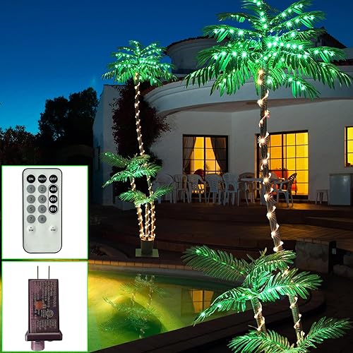Palmera artificial iluminada de 7 pies con tres troncos y 260 luces LED, ideal para uso en exteriores e interiores, perfecta para bares Tiki,