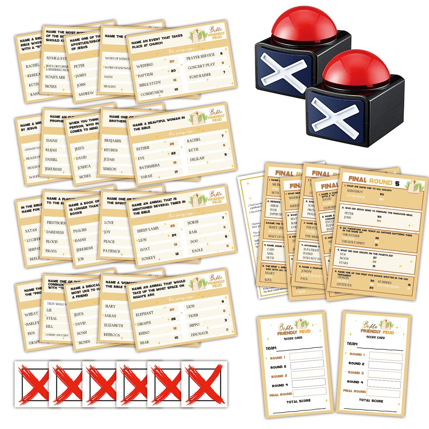 Feud biblico cristiano con due cicalini per adulti, gioco in stile faida familiare biblica, notte di gioco della chiesa, carte da gioco a quiz biblici con cicalini, per attività di gruppo della chiesa