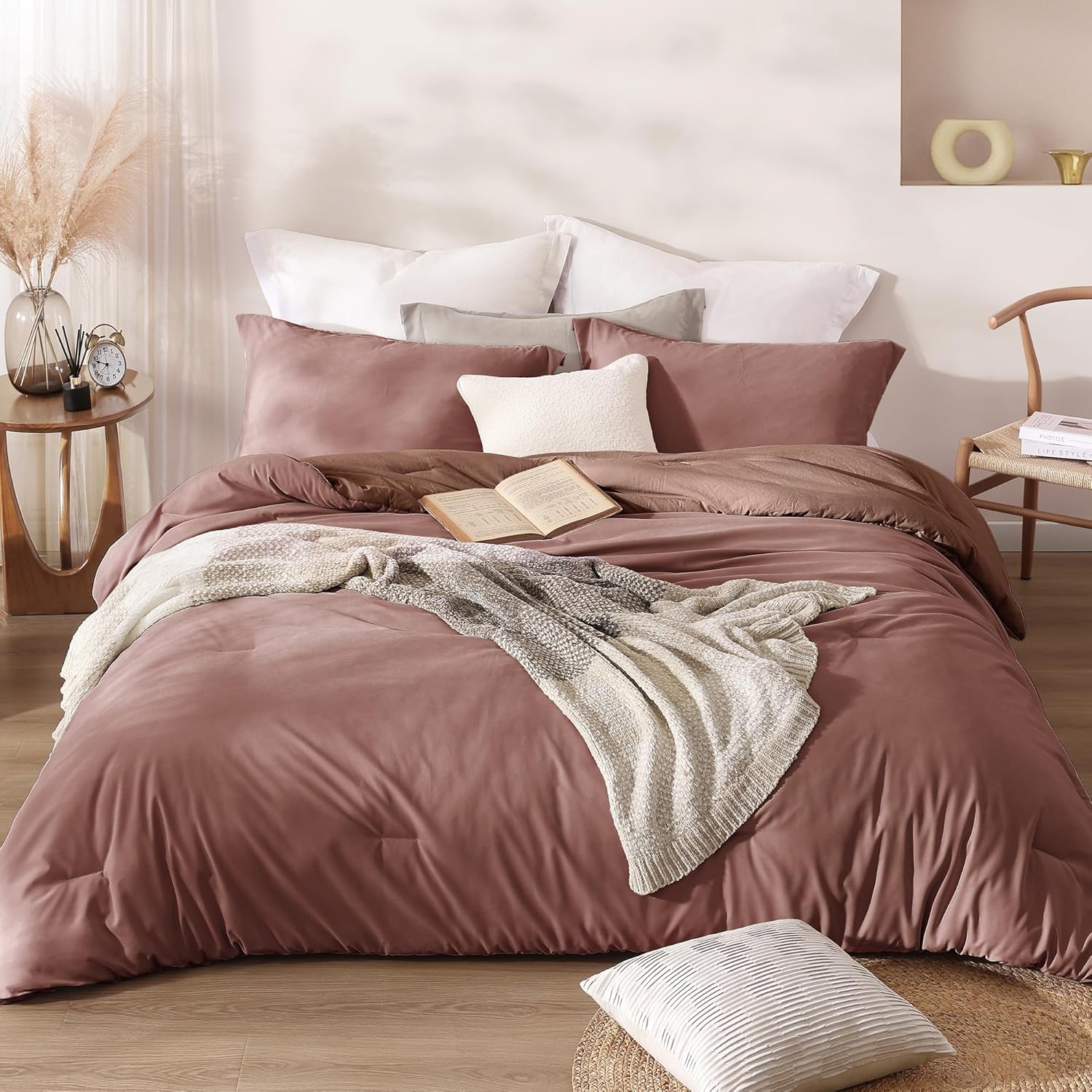 Pink Clay King Size Comforter Set - 3 Pieces Microsuede Bed Set, King Size Bedding Sets Lightweight and Comfy, 1 Comforter, 2 Pillowcases