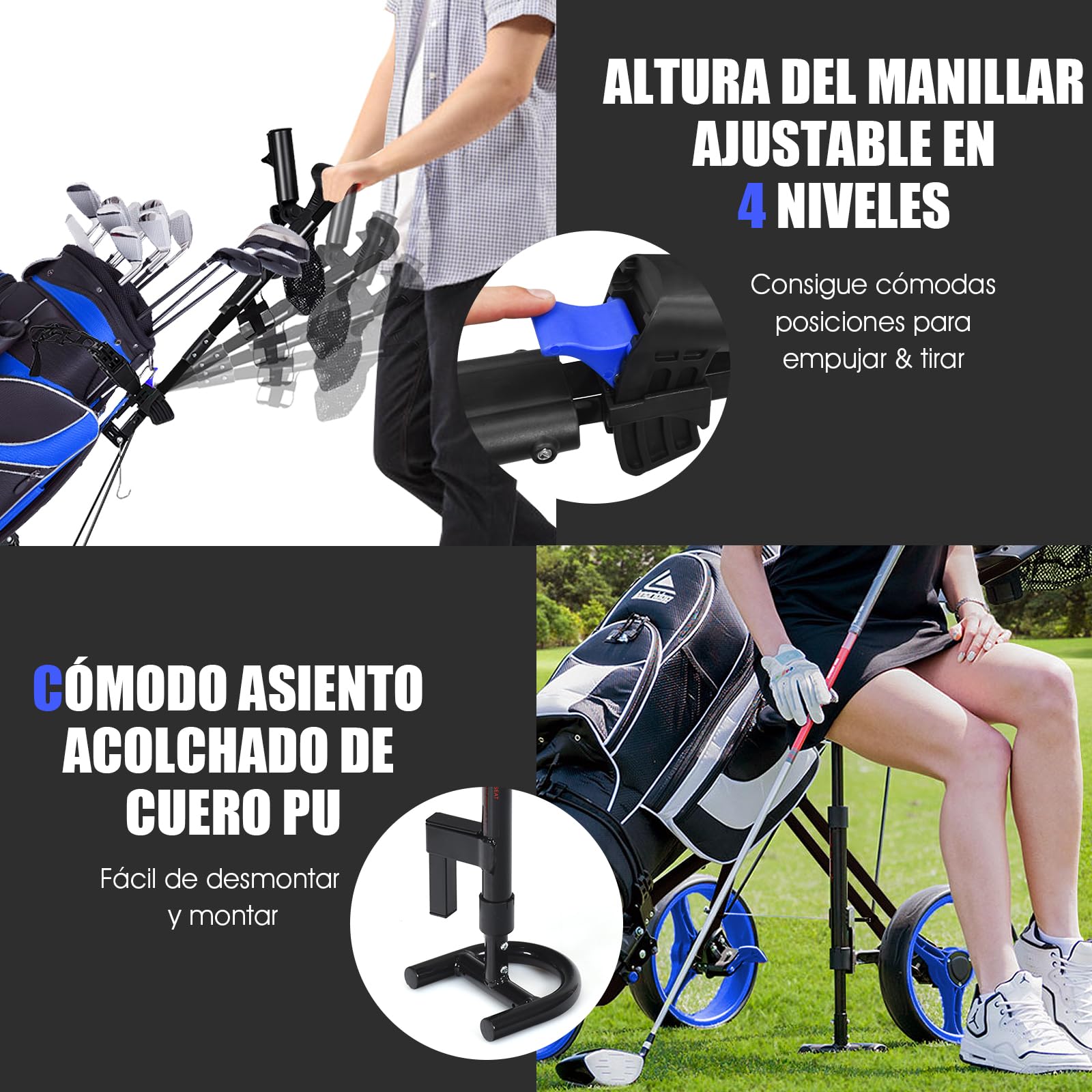 COSTWAY Carrito de Golf, Carrito de Golf Plegable con 3 Ruedas y Asiento, Mango de Altura Ajustable, Marcador, Portavasos, Paragüero, Freno de Pie, Ruedas Extraíbles