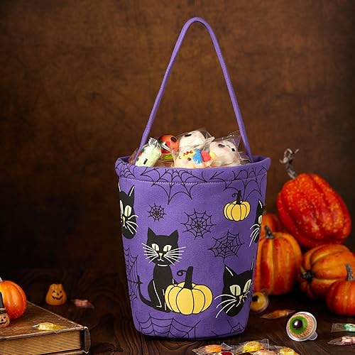 Miniatura 5 de Ouksma 2 cubos de lona de Halloween para dulce o truco, cestas de dulces de Halloween, cestas de calabaza con asa para suministros de fiesta de